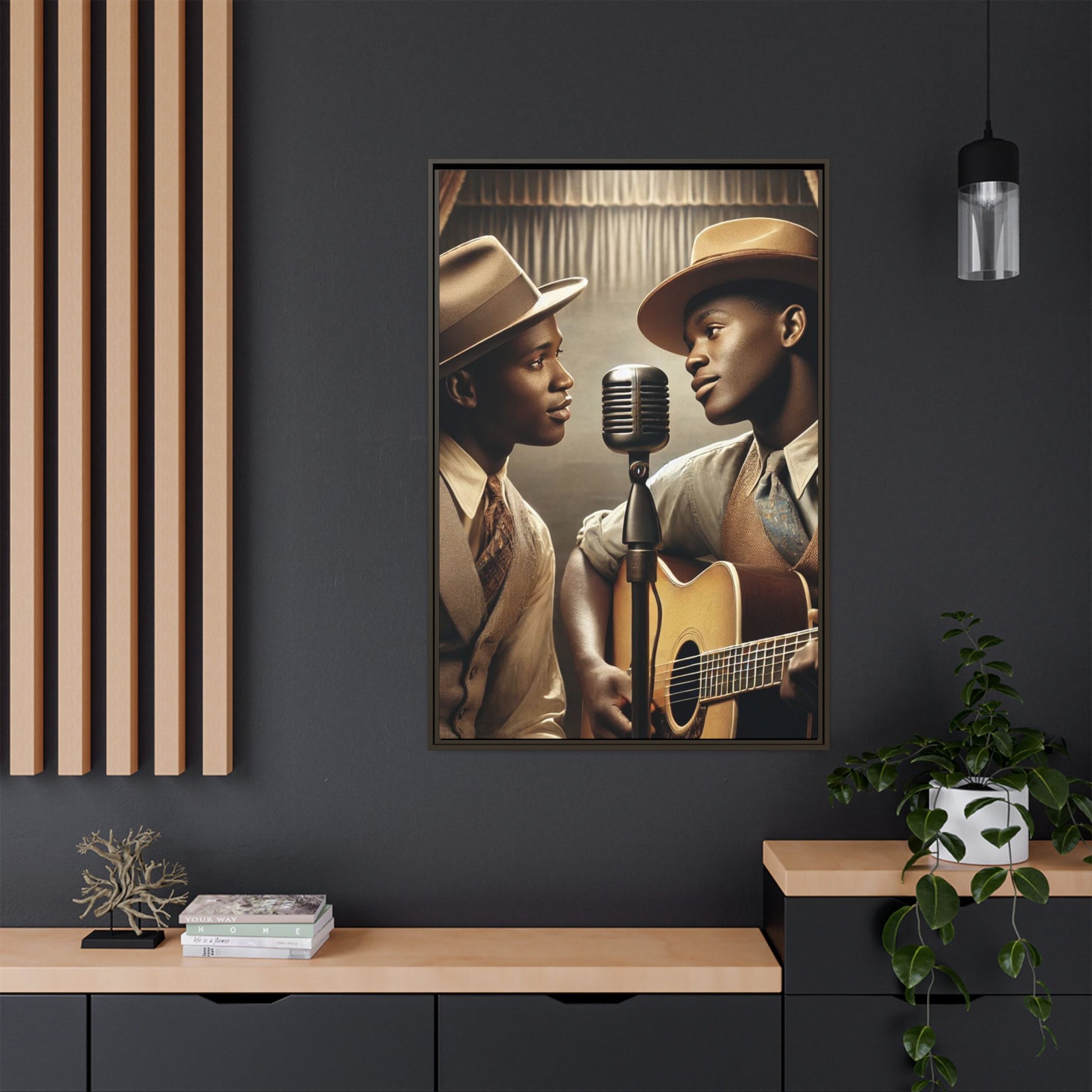 Artwork of an African-American gay couple recording a song in a 1930s-style studio. Dressed in vintage attire with fedoras and ties, they share a close, tender moment around a classic microphone, capturing love, music, and cultural heritage in a nostalgic setting