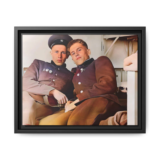 A restored vintage photograph of two Russian soldiers in uniform, seated together in their quarters in Volgograd, Russia. Their relaxed postures and warm expressions capture a moment of camaraderie, resilience, and military history. A powerful tribute to LGBTQ+ representation in the armed forces. Gay Couple Винтажное фото  гей-пара