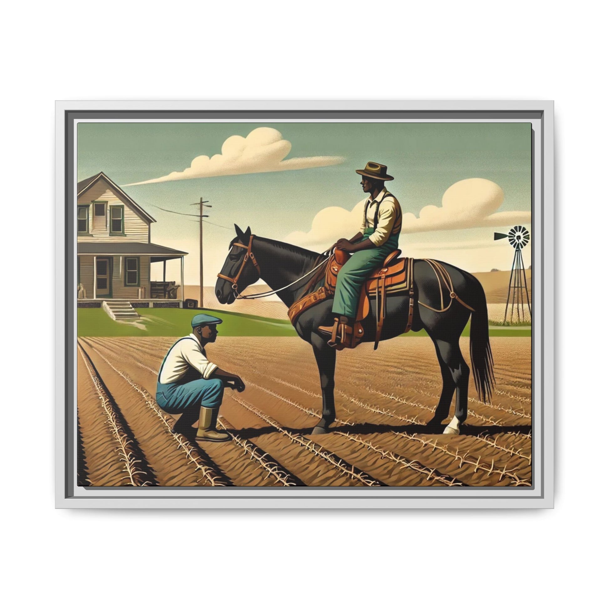 Artwork of an African American queer couple working together on a farm in a serene, vintage-inspired landscape. One man sits on horseback, gazing warmly at his partner, who examines the soil, symbolizing their partnership in both love and labor. The scene captures resilience, companionship, and the beauty of rural life.