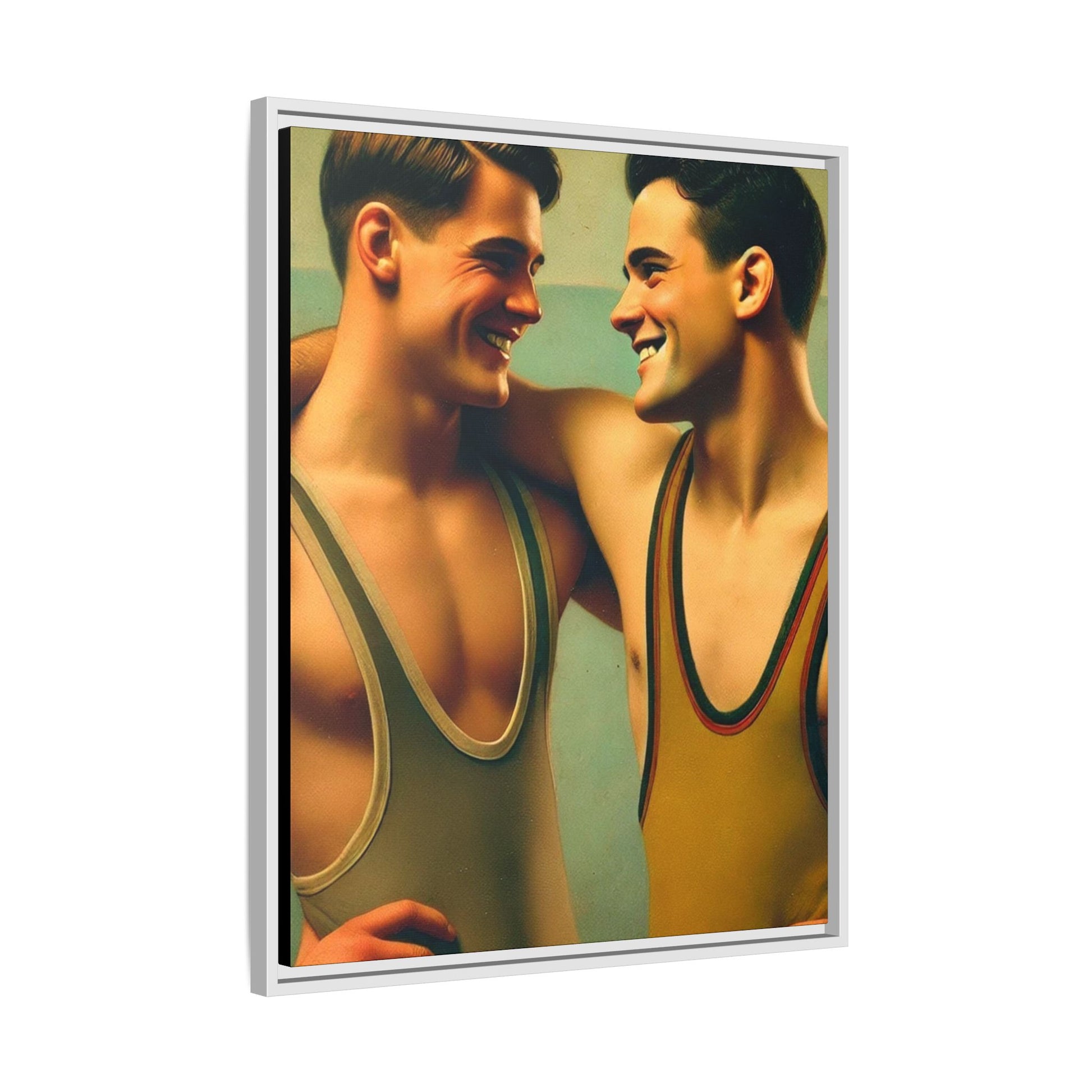 Framed artwork of two young wrestlers in vintage singlets sharing a candid moment, inspired by Grant Wood's Regionalist art style.