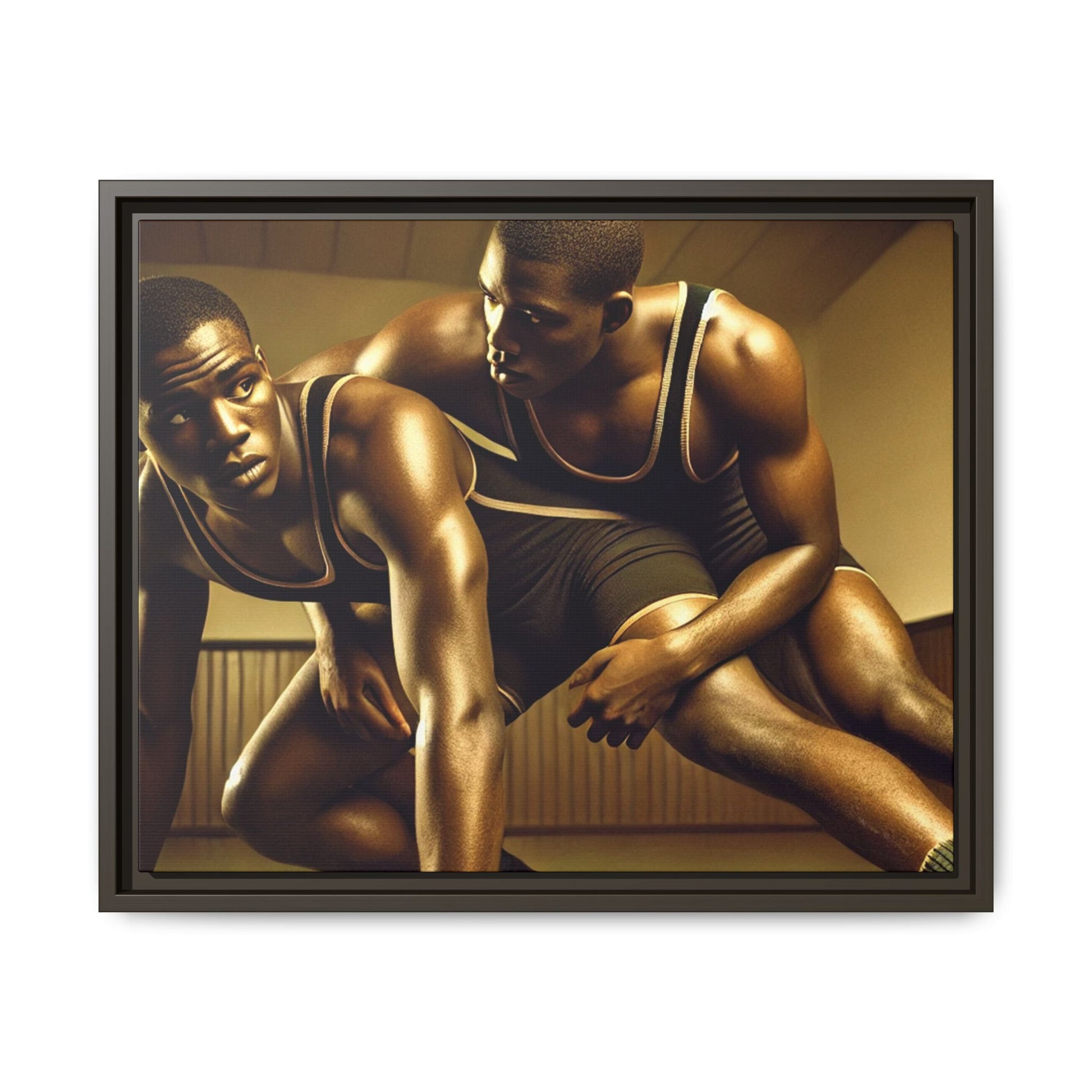 Framed artwork inspired by Grant Wood, showcasing African-American wrestlers in a vintage gymnasium setting. A powerful tribute to teamwork, resilience, and regionalist art.