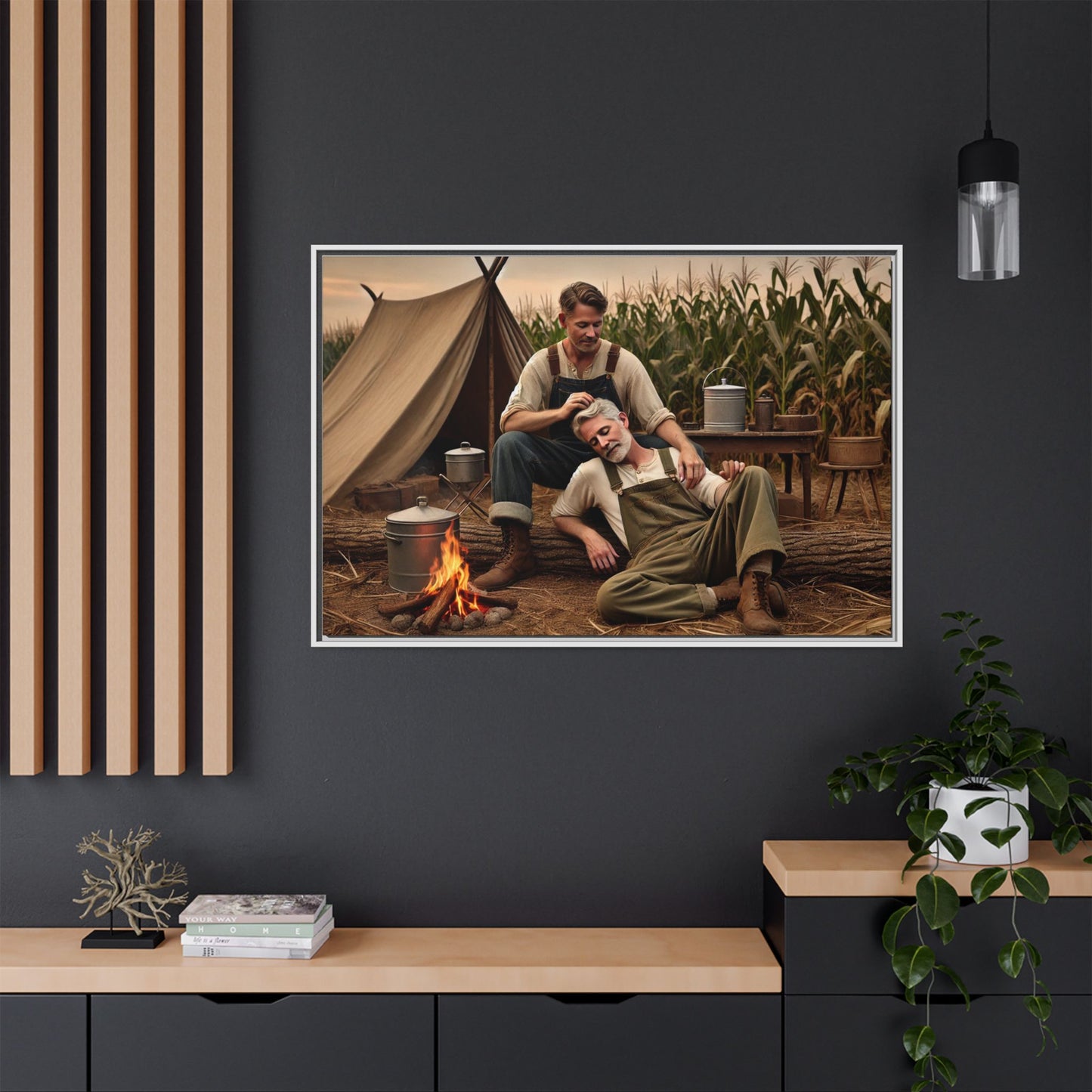 Older queer couple sharing a tender moment by the campfire, celebrating love