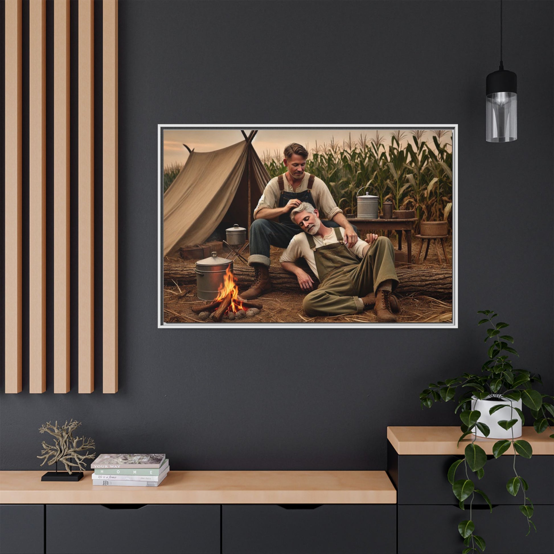 Older queer couple sharing a tender moment by the campfire, celebrating love