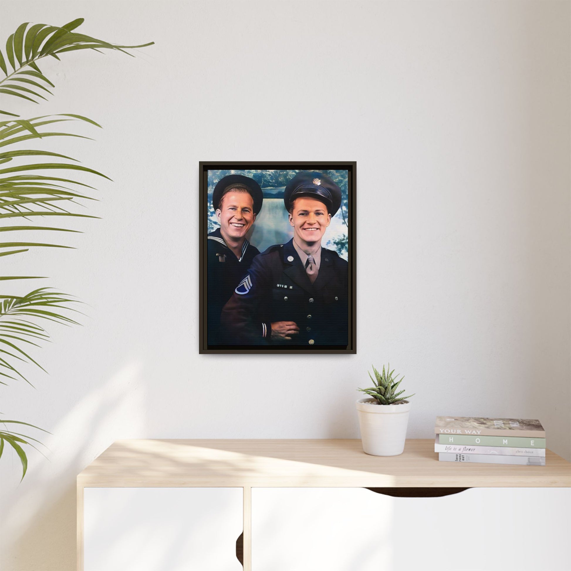 A framed vintage military portrait on matte canvas featuring a sailor and a soldier in Scapa Flow, Scotland, symbolizing service and camaraderie. Gay Couple