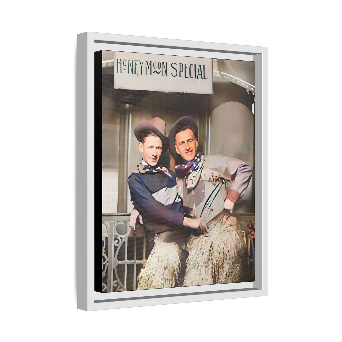 Vintage portrait of Harry & Earl in whimsical cowboy attire under the "Honeymoon Special" sign, set in 1920s San Antonio. Framed matte canvas art celebrating LGBTQ+ love and rustic Americana charm. Perfect for history enthusiasts and rustic decor lovers. Gay Marriage Wedding Gift
