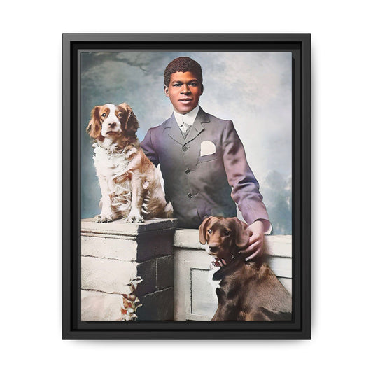 A restored vintage portrait of Marcus with his dogs, Buster and Ellis, in Charlotte, North Carolina. This framed matte canvas print captures the elegance of Southern charm and the enduring bond between a man and his loyal companions. Vintage Dog Portrait