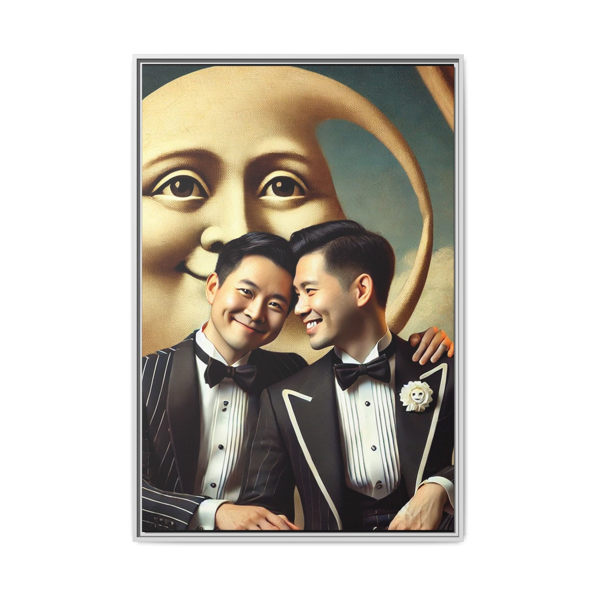 Framed matte canvas featuring a joyful queer Asian couple in tuxedos standing beneath a crescent moon. This artwork, part of the Missing Art Studies series, reimagines erased queer histories with warmth, dignity, and vintage-inspired style.