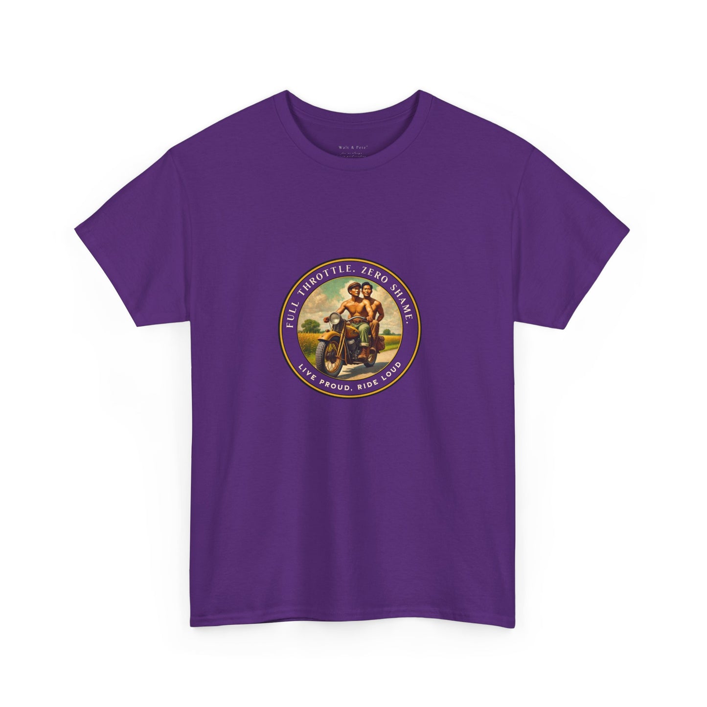Vintage-inspired LGBTQ+ pride t-shirt featuring a 1930s-style image of two shirtless Asian men riding a motorcycle. With affirmations like “Full Throttle. Zero Shame” and “Live Proud. Ride Loud,” this tee honors queer freedom, Asian pride, and bold love.