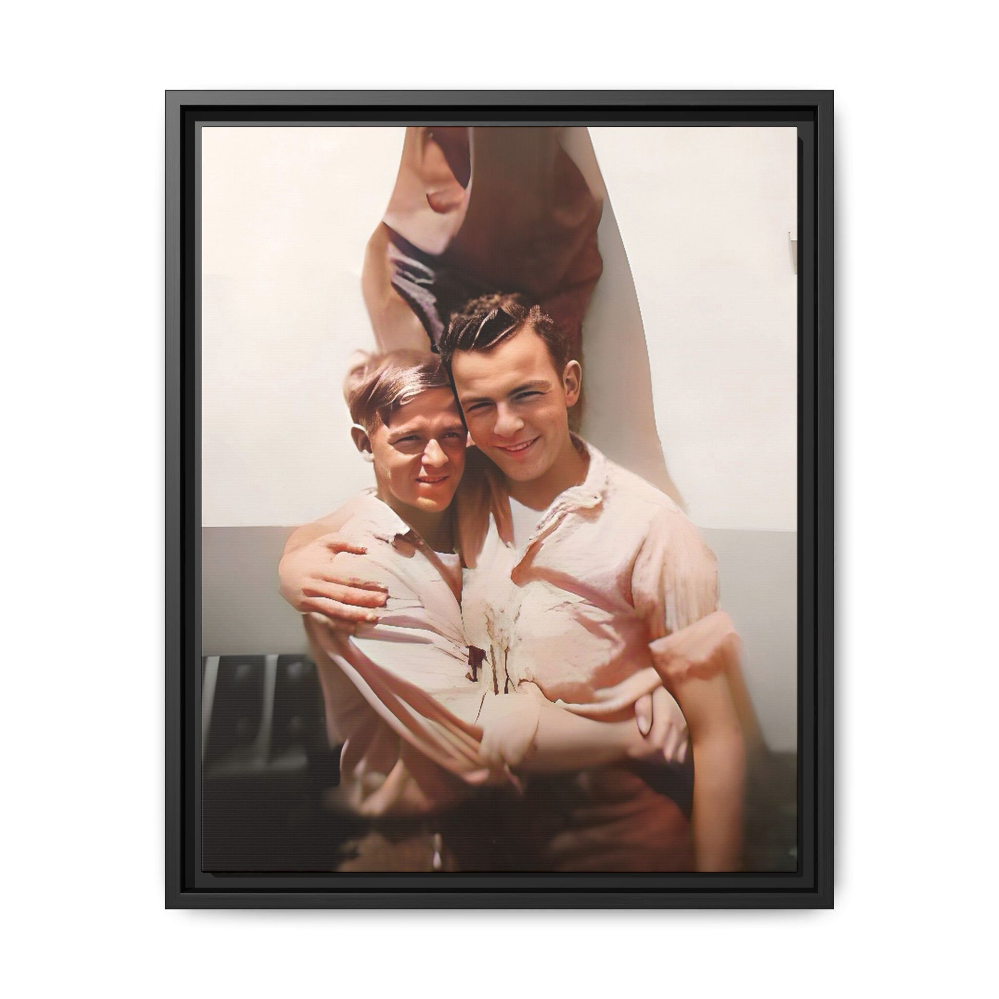 A framed vintage WWII-era portrait on matte canvas featuring Walter and Paul at Camp Shanks, NY, capturing love and resilience during wartime. Gay Couple