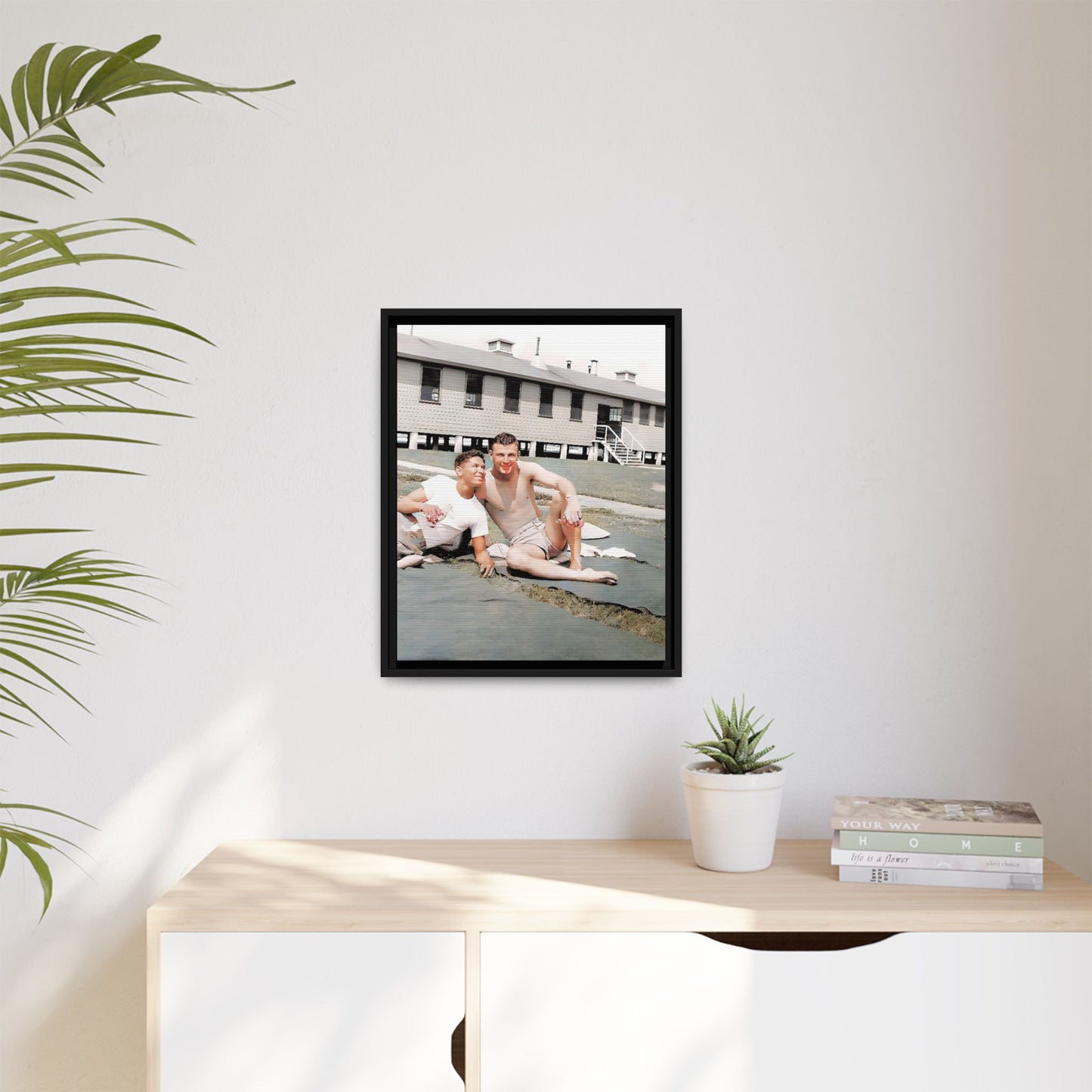 A framed vintage military portrait on matte canvas featuring Wayne and Jerry at Camp Blanding, Florida, capturing a timeless LGBTQ+ connection and companionship.
Gay Couple