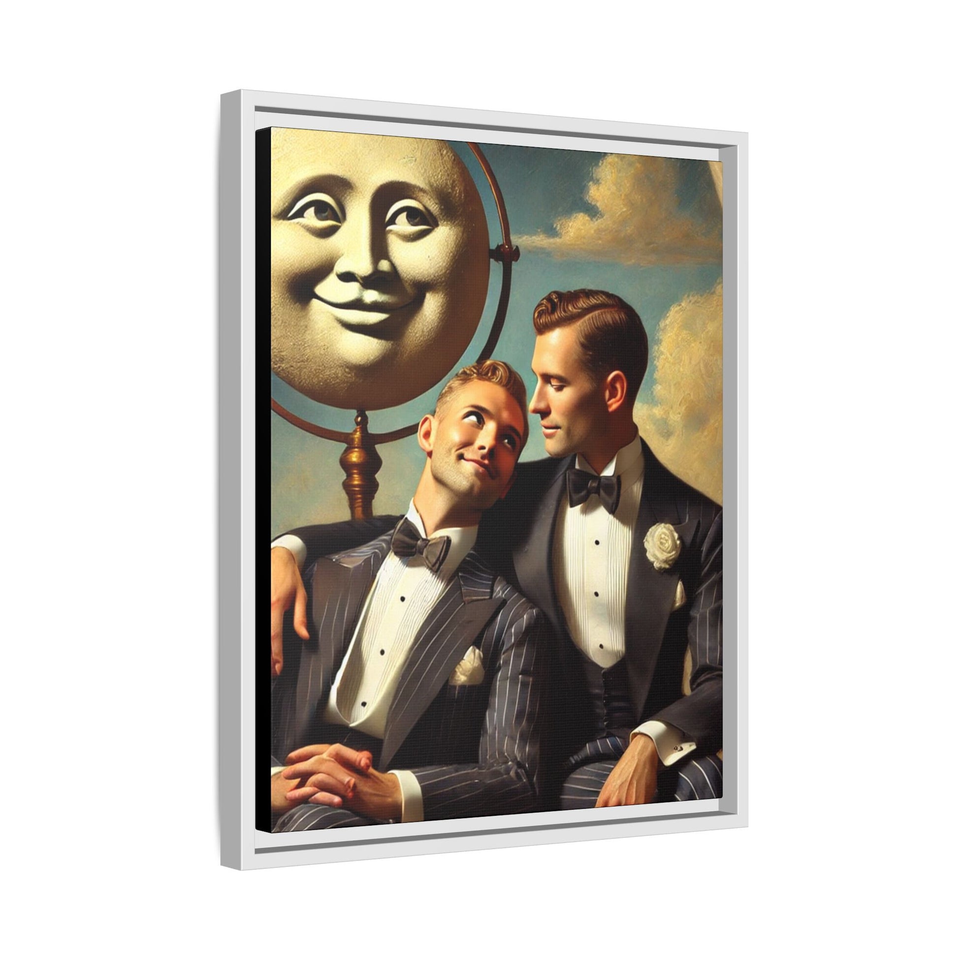 Framed matte canvas portrait featuring two young men in vintage overalls with a crescent moon prop above them. This artwork from the Missing Art Studies series reclaims LGBTQ+ imagery that may have been lost to bias, presenting warmth, intimacy, and presence.