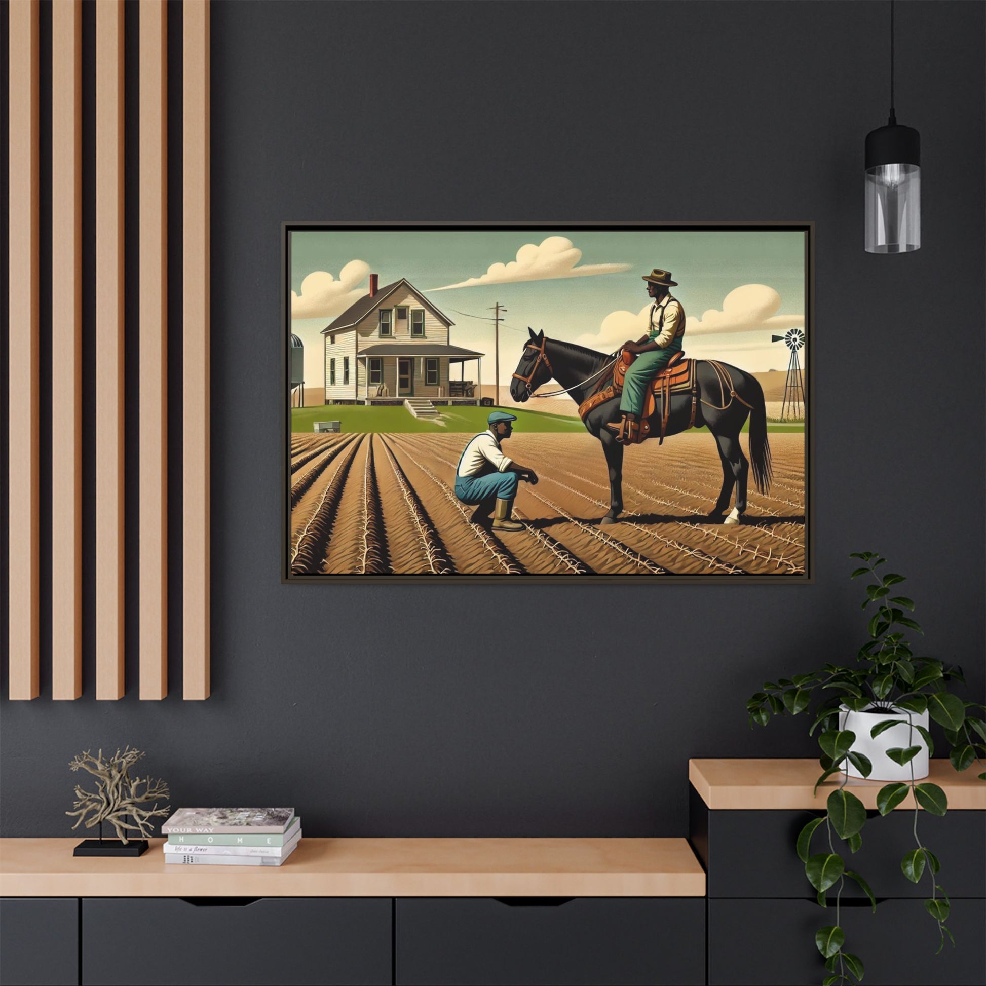 Artwork of an African American queer couple working together on a farm in a serene, vintage-inspired landscape. One man sits on horseback, gazing warmly at his partner, who examines the soil, symbolizing their partnership in both love and labor. The scene captures resilience, companionship, and the beauty of rural life.