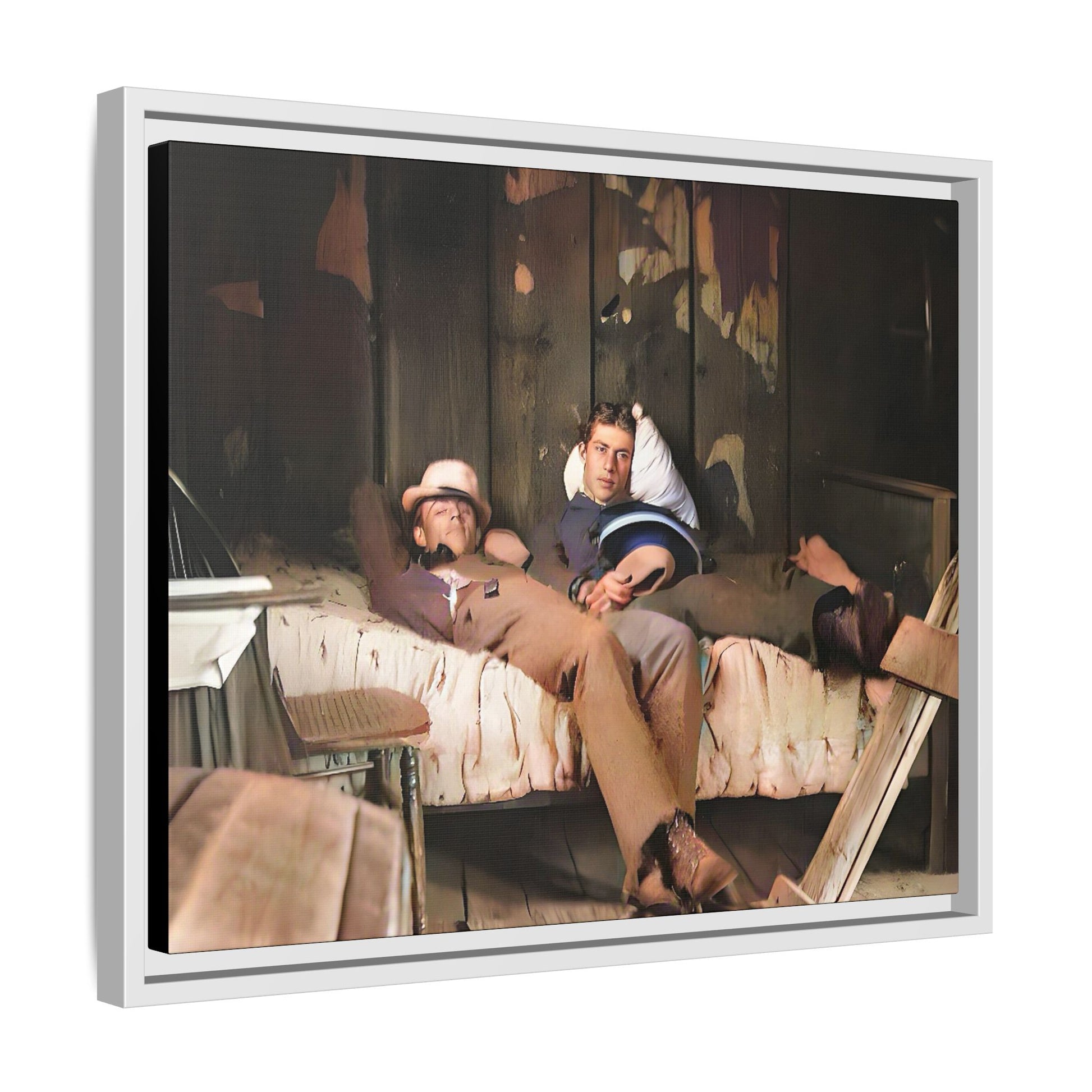 A vintage portrait of Henry & Joseph in a rustic Oregon cabin. This framed matte canvas captures LGBTQ+ history, love, and the beauty of a quiet, intimate moment, making it a timeless and meaningful addition to any collection or home. Gay Couple in bed.