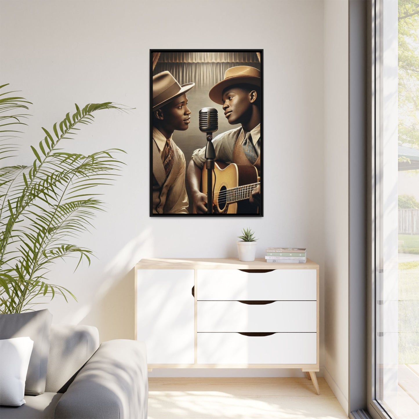Artwork of an African-American gay couple recording a song in a 1930s-style studio. Dressed in vintage attire with fedoras and ties, they share a close, tender moment around a classic microphone, capturing love, music, and cultural heritage in a nostalgic setting
