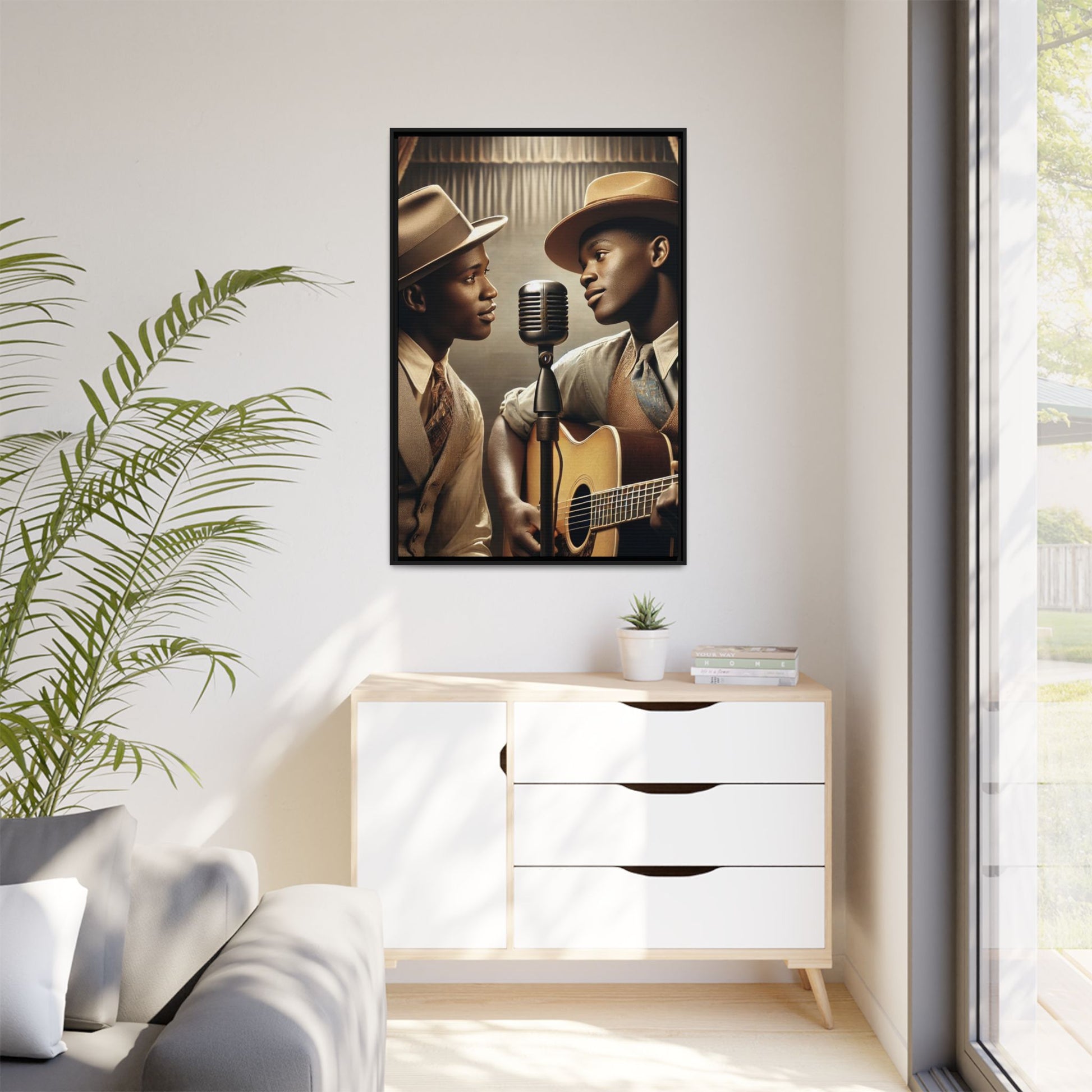 Artwork of an African-American gay couple recording a song in a 1930s-style studio. Dressed in vintage attire with fedoras and ties, they share a close, tender moment around a classic microphone, capturing love, music, and cultural heritage in a nostalgic setting