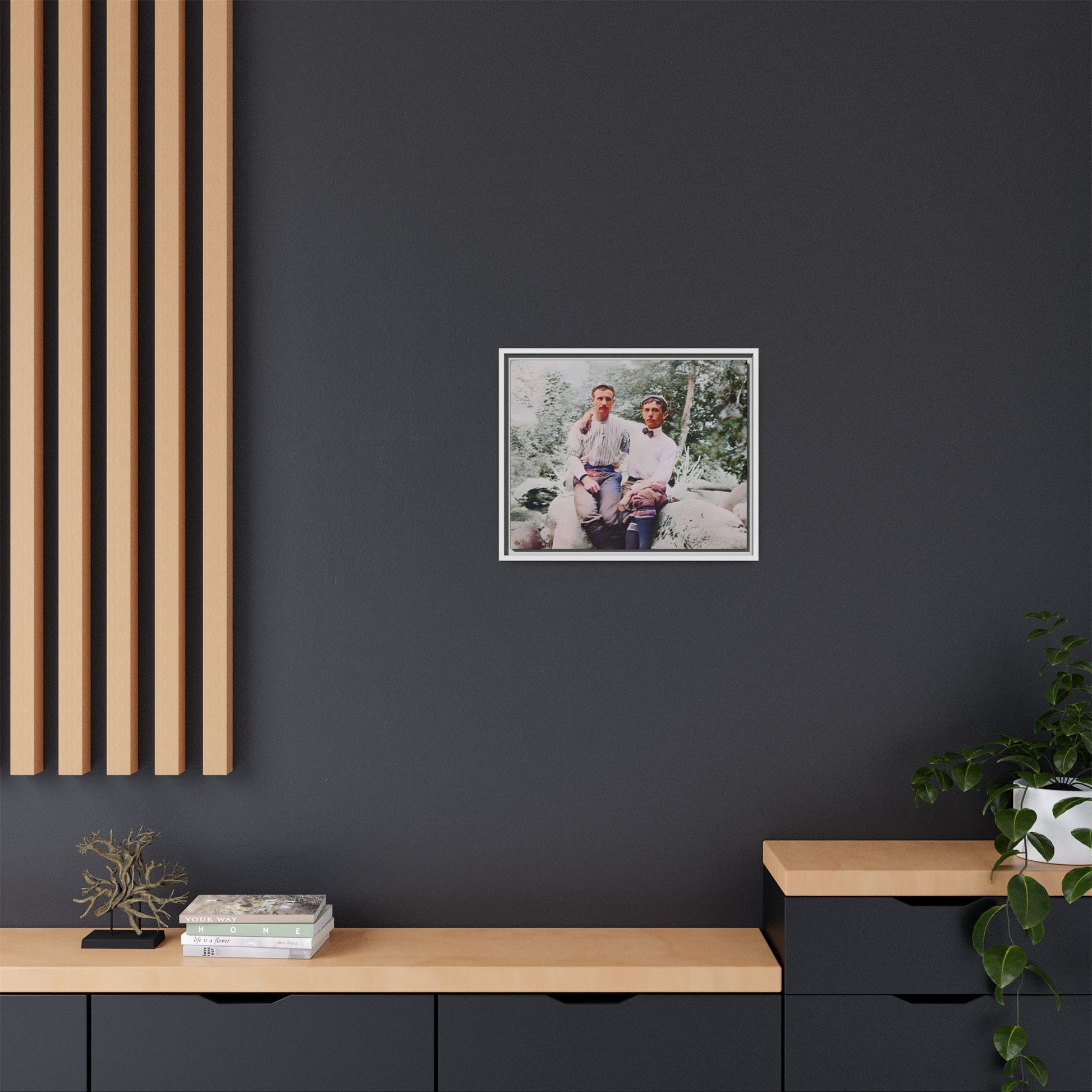 A framed vintage love portrait on matte canvas featuring Grover and Emil in Villamont, Virginia, capturing timeless LGBTQ+ connection and companionship. Gay Couple