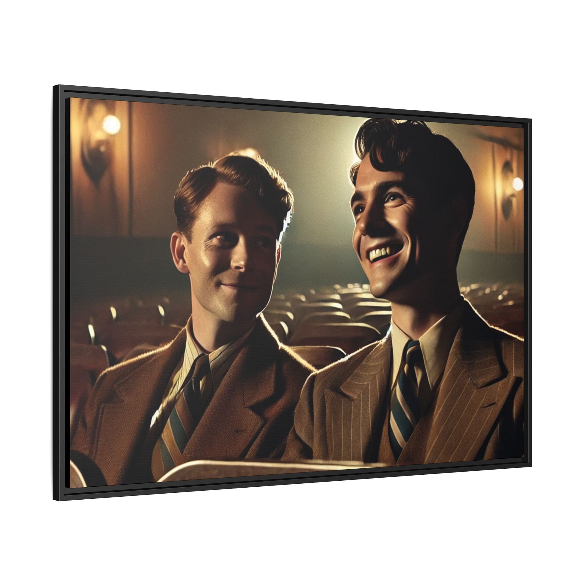 Vintage-style photo of two young men sharing an intimate moment on a date in a 1930s movie theater. Dressed in classic pinstripe suits, their smiles and close connection evoke the warmth and charm of the era, celebrating LGBTQ+ history and timeless romance.