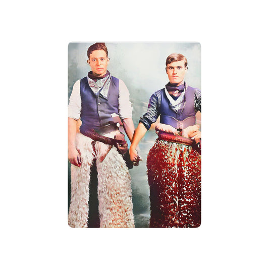 A restored vintage photo of a gay cowboy couple standing hand in hand, capturing Queer love and resilience in the Old West.