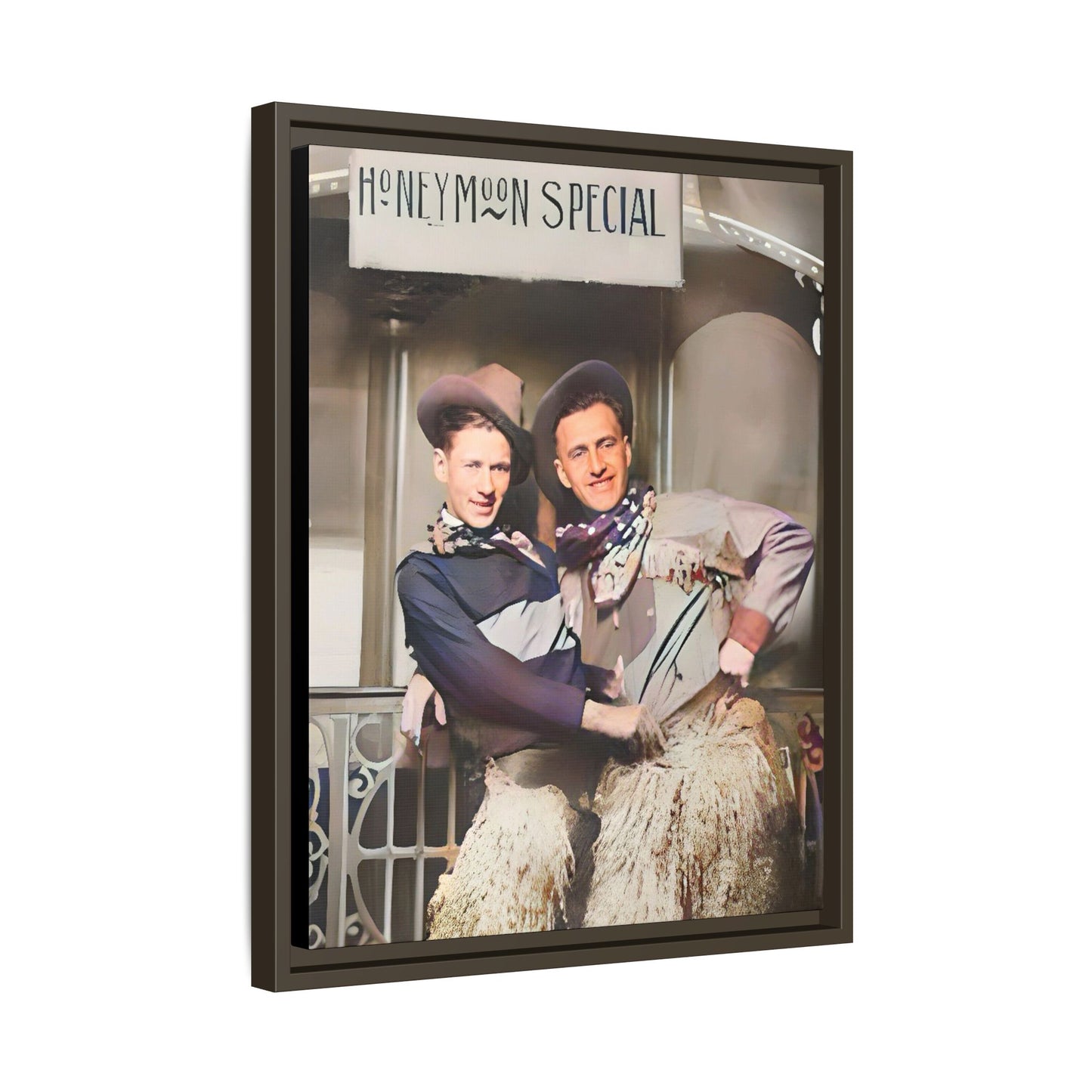 Vintage portrait of Harry & Earl in whimsical cowboy attire under the "Honeymoon Special" sign, set in 1920s San Antonio. Framed matte canvas art celebrating LGBTQ+ love and rustic Americana charm. Perfect for history enthusiasts and rustic decor lovers. Gay Marriage Wedding Gift