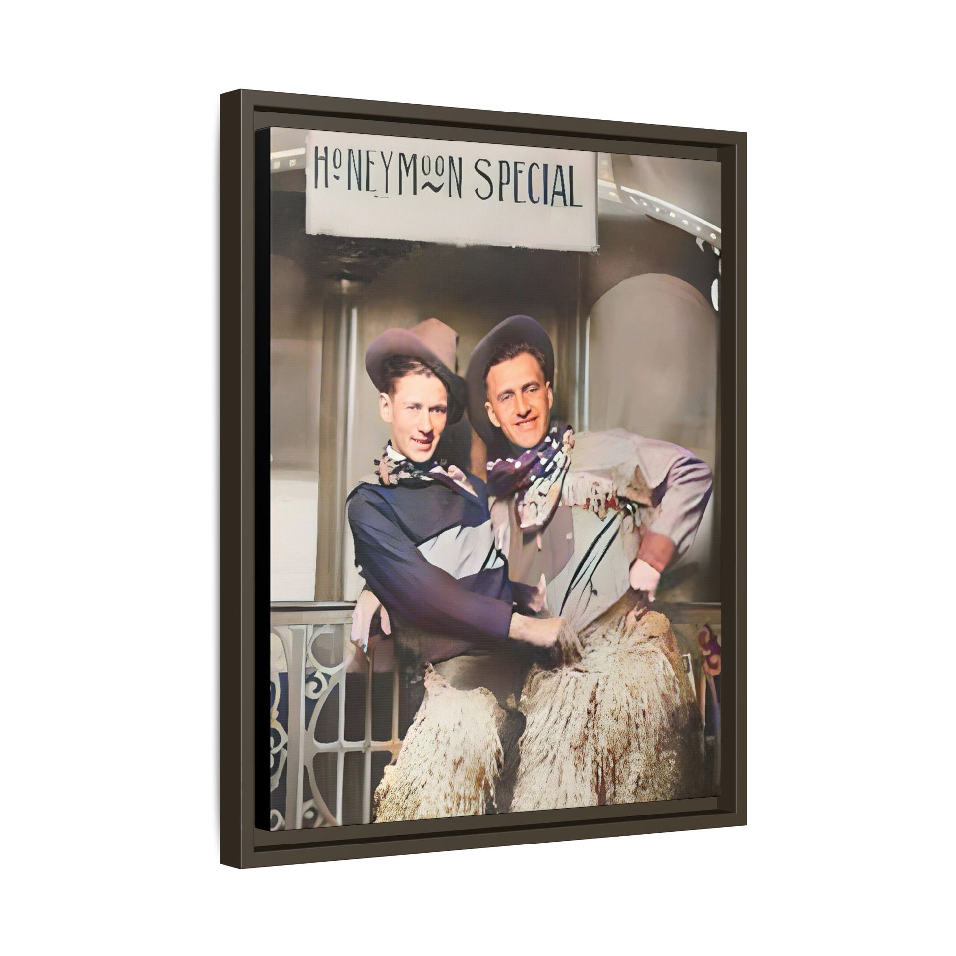 Vintage portrait of Harry & Earl in whimsical cowboy attire under the "Honeymoon Special" sign, set in 1920s San Antonio. Framed matte canvas art celebrating LGBTQ+ love and rustic Americana charm. Perfect for history enthusiasts and rustic decor lovers. Gay Marriage Wedding Gift