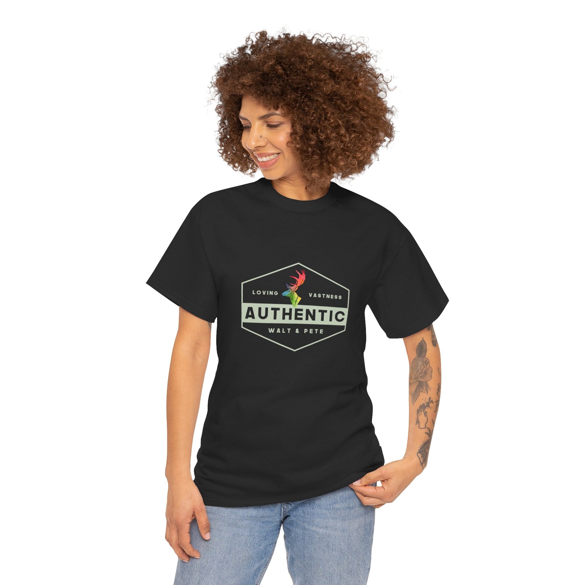 unisex LGBTQ+ t-shirt with a hexagonal badge design reading “Authentic” and “Loving & Vastness,” featuring a rainbow antler—symbolizing self-love, queer pride, and emotional depth.