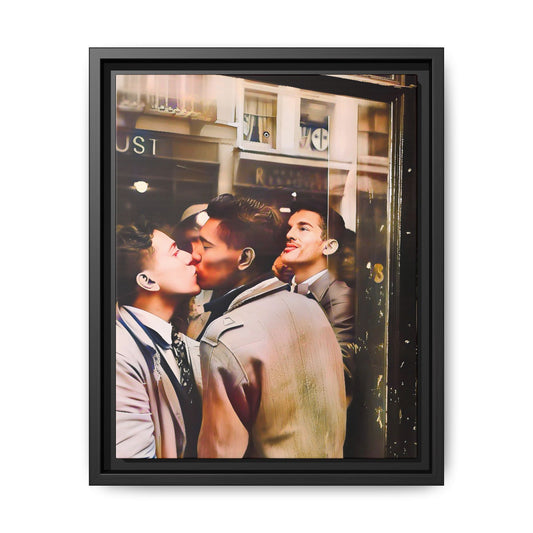 A restored 1950s Gay couple portrait of Alejandro & Lorenzo at Mayfair Bar, NYC. A romantic queer history print on matte canvas, capturing love, resilience, and authenticity in a vibrant nightlife setting.
