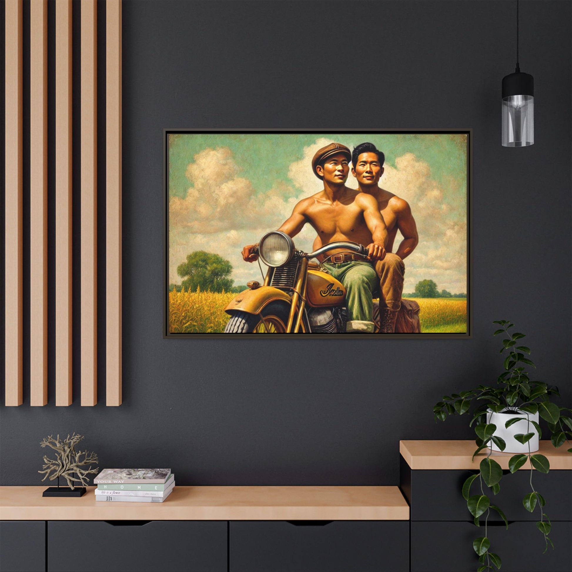 Framed artwork of an Asian-American gay couple riding a vintage yellow motorcycle through Iowa's serene countryside, celebrating love and unity. Grant Wood Inspired