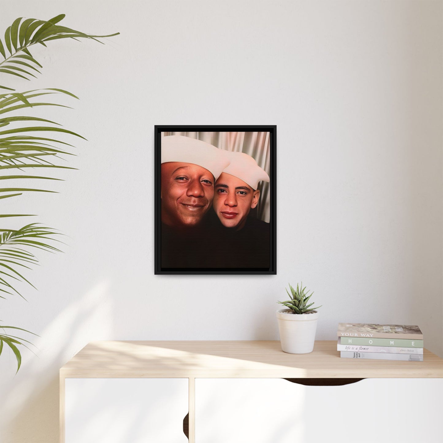 Restored vintage photo of Arthur & Marvin, WWII-era gay sailors in a photo booth, Daytona Beach FL, framed canvas art.