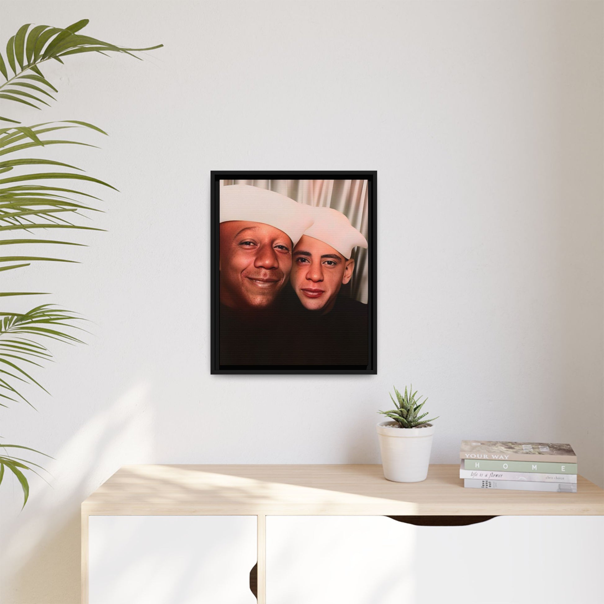 Restored vintage photo of Arthur & Marvin, WWII-era gay sailors in a photo booth, Daytona Beach FL, framed canvas art.