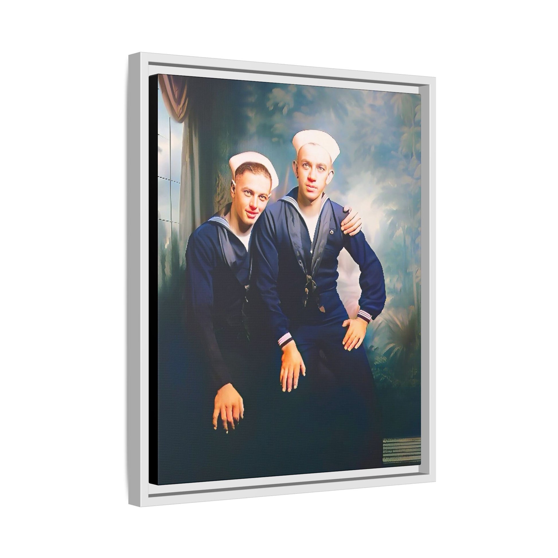A restored vintage naval portrait of Thomas & Ervin at Naval Station Newport, Rhode Island. This framed matte canvas honors LGBTQ+ history, military service, and timeless camaraderie. Gay Couple