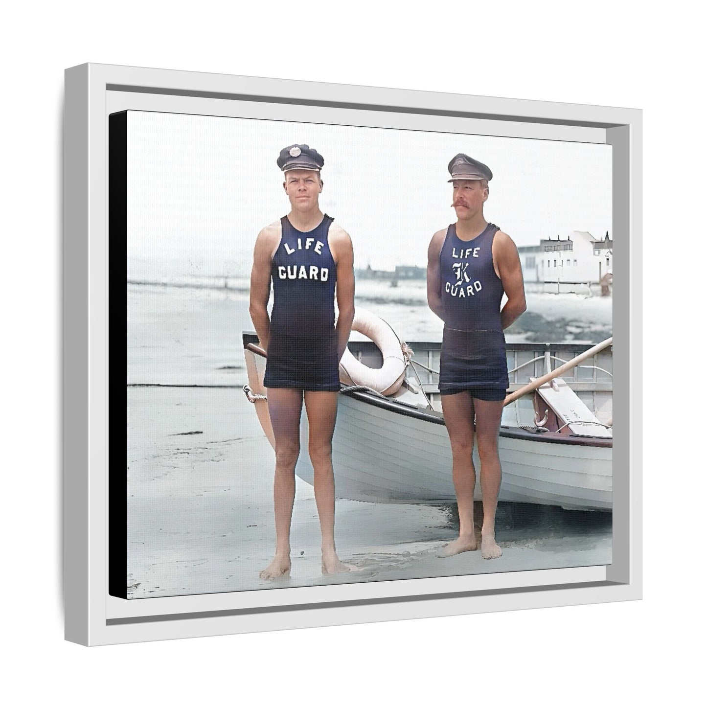 A nostalgic framed canvas print of vintage lifeguards in Cape May, NJ. This coastal artwork captures the charm of early 20th-century beach life, making it perfect for lovers of maritime history, seaside decor, and Americana enthusiasts.