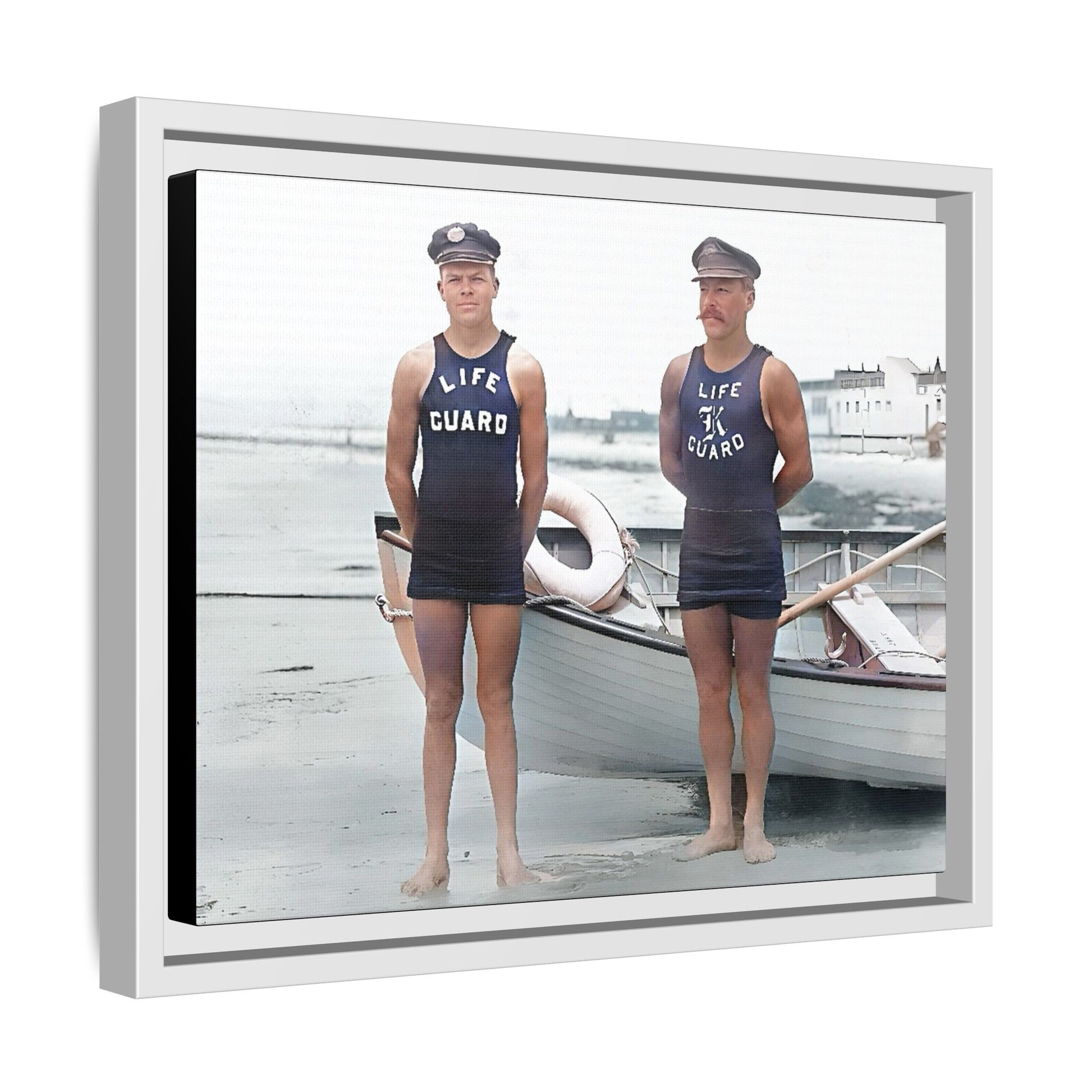 A nostalgic framed canvas print of vintage lifeguards in Cape May, NJ. This coastal artwork captures the charm of early 20th-century beach life, making it perfect for lovers of maritime history, seaside decor, and Americana enthusiasts.