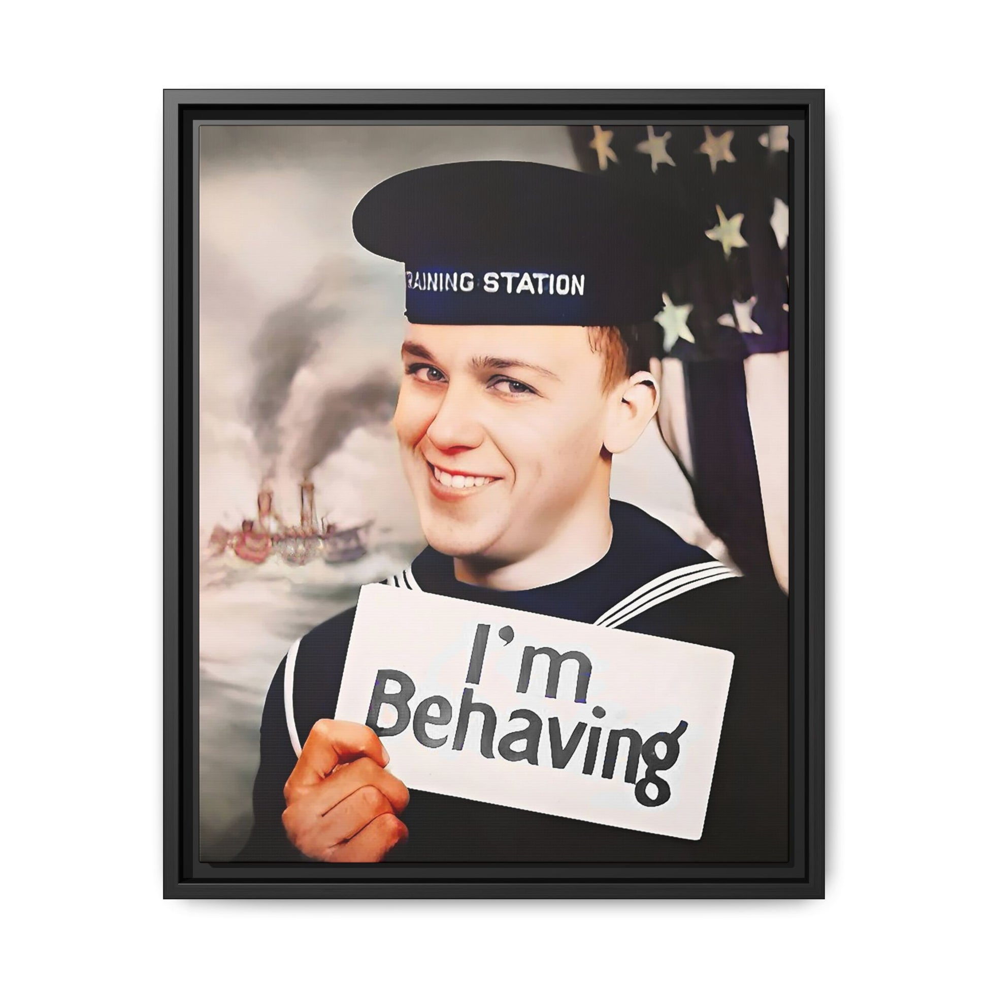 A vintage U.S. Navy sailor portrait featuring Carl at the Washington Navy Yard, grinning while holding a card reading "I'm Behaving." This framed matte canvas print is a charming mix of humor and military history, perfect for collectors and veterans.