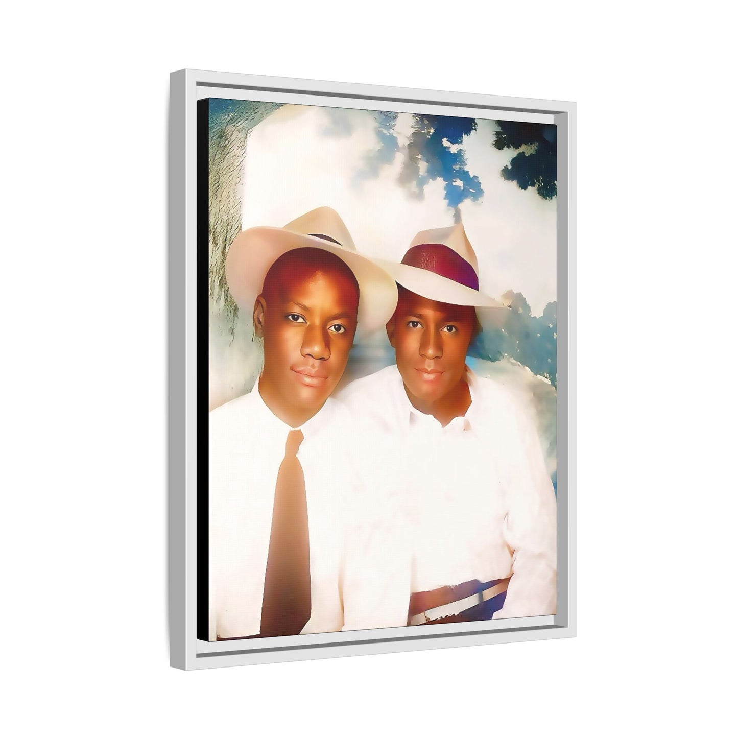 A restored vintage portrait of Bryson & Damien in Taylor, Mississippi. This framed matte canvas celebrates LGBTQ+ history, Southern charm, and timeless love. African American Gay Couple