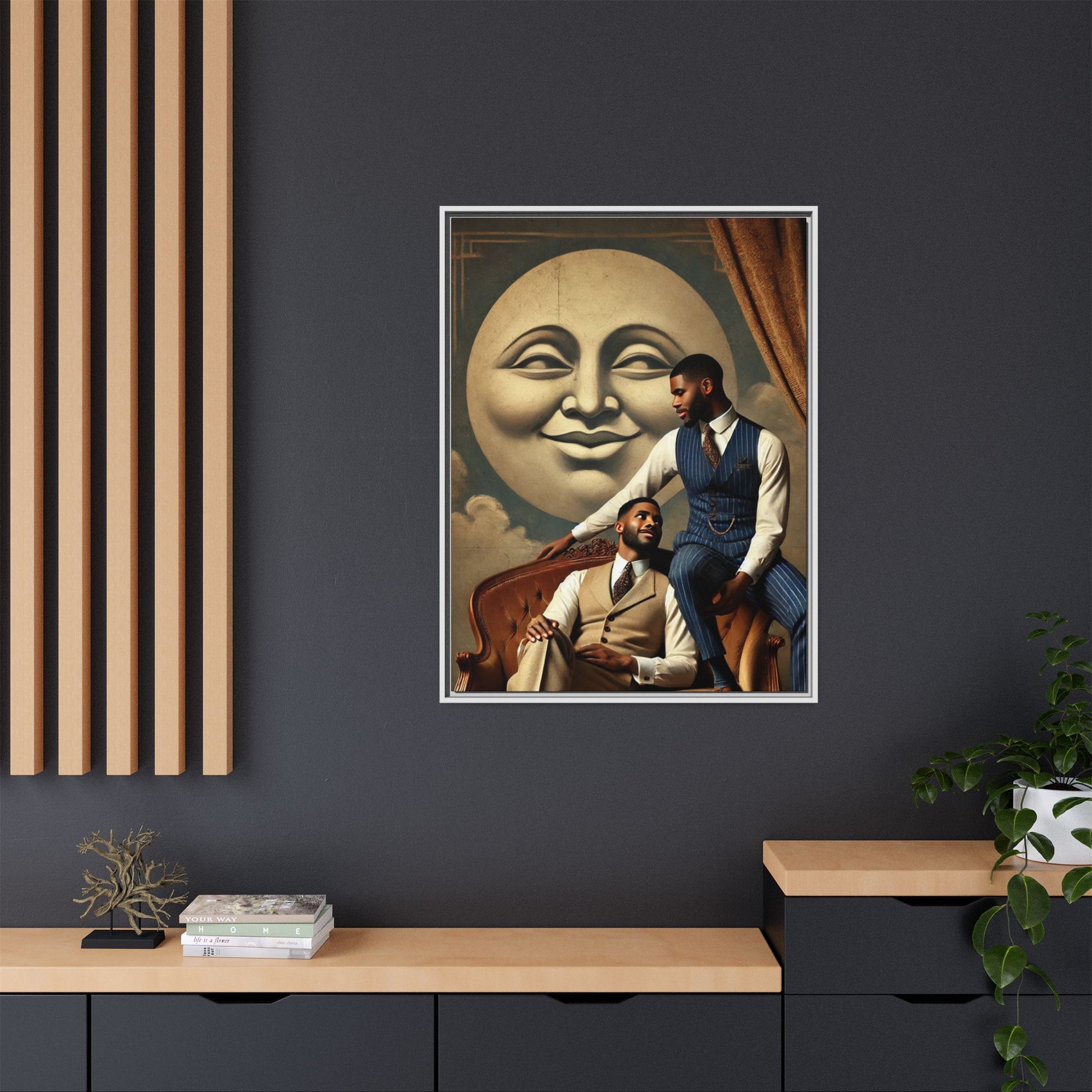 An elegant portrait of two Black men in vintage suits, seated affectionately beneath a smiling full moon. This 1920s-inspired artwork reclaims lost LGBTQ history, honoring Black queer love through style, softness, and resilience.