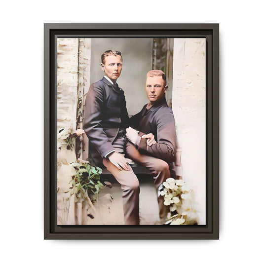 Restored vintage photo of Albert & Harold in tender embrace, Austin TX gay couple, framed art