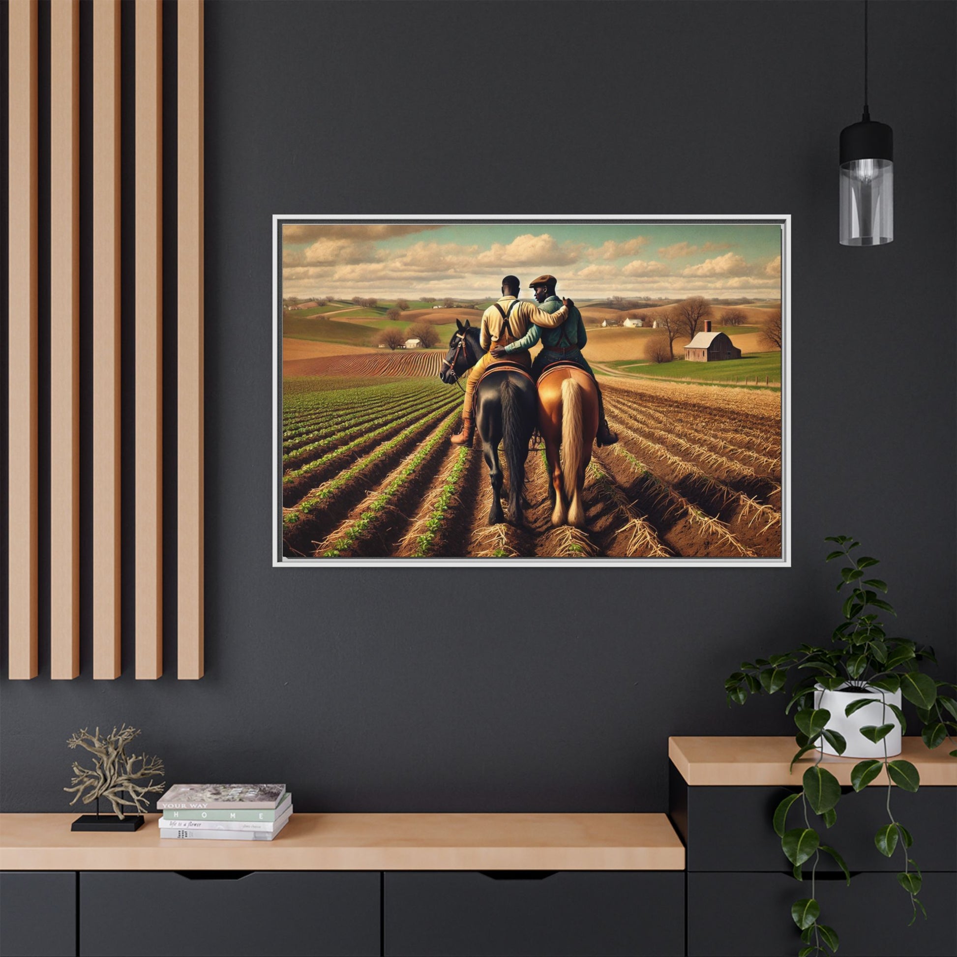 Artwork of an African-American gay couple riding horseback through expansive farmland, sharing a tender moment as they overlook lush fields. Dressed in rugged vintage attire, this scene captures resilience, love, and the charm of rural life, celebrating LGBTQ+ history and African-American heritage.