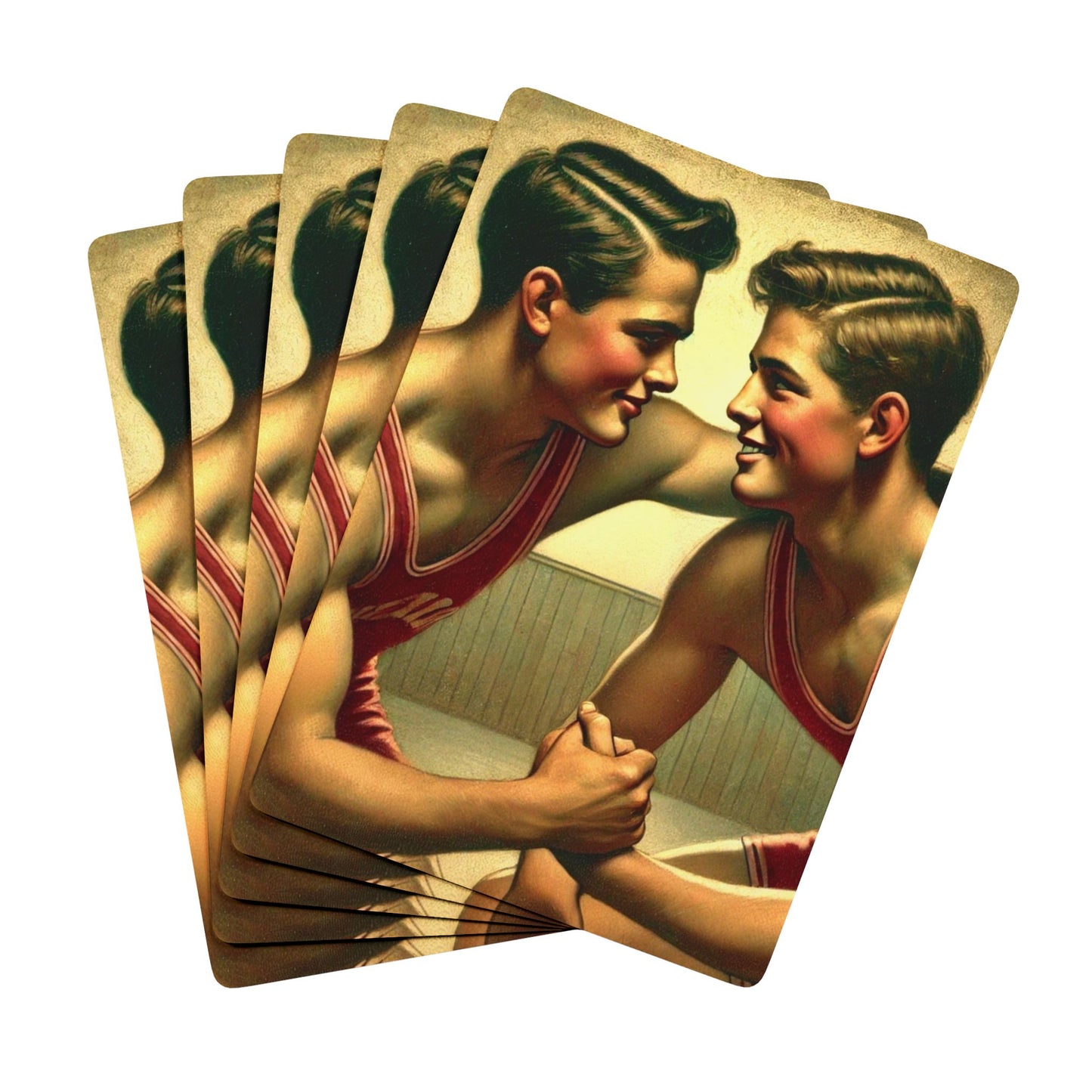 Grant Wood Tribute Poker Cards featuring two wrestlers in vintage singlets, capturing queer-coded moments in Americana.