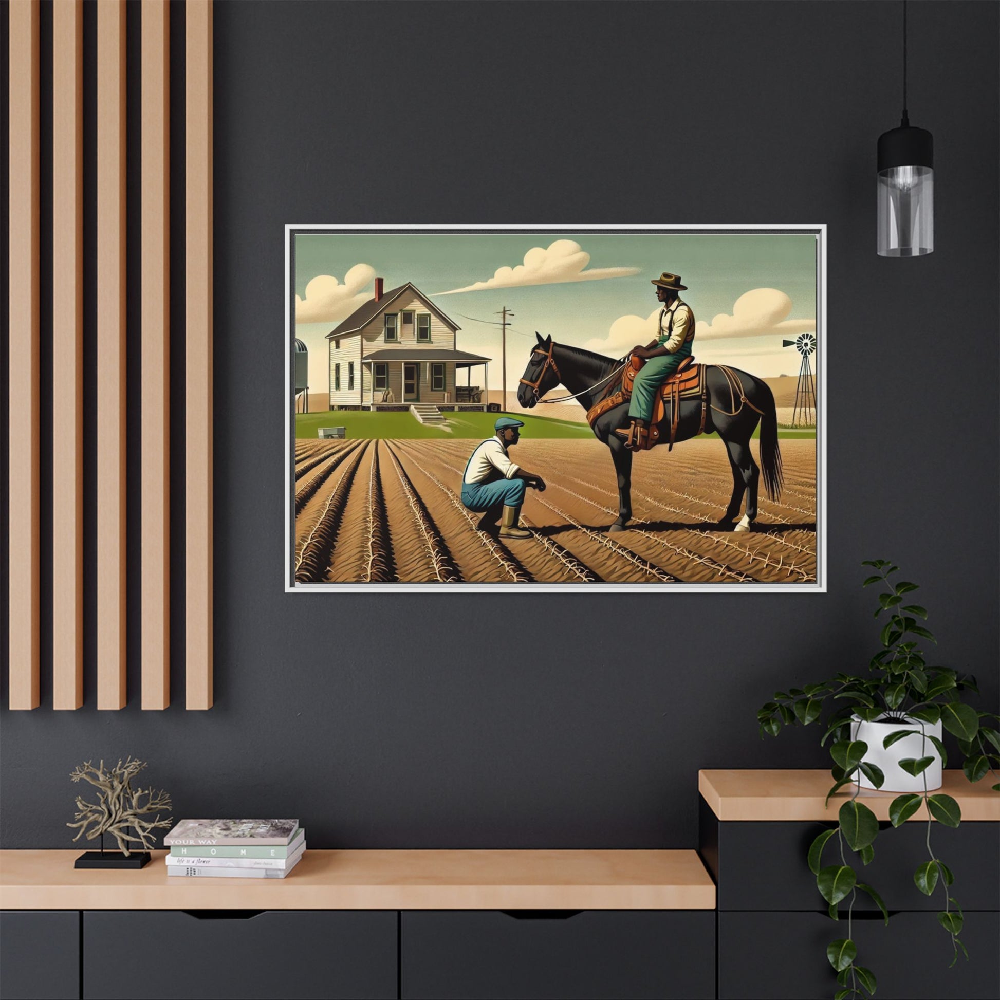 Artwork of an African American queer couple working together on a farm in a serene, vintage-inspired landscape. One man sits on horseback, gazing warmly at his partner, who examines the soil, symbolizing their partnership in both love and labor. The scene captures resilience, companionship, and the beauty of rural life.