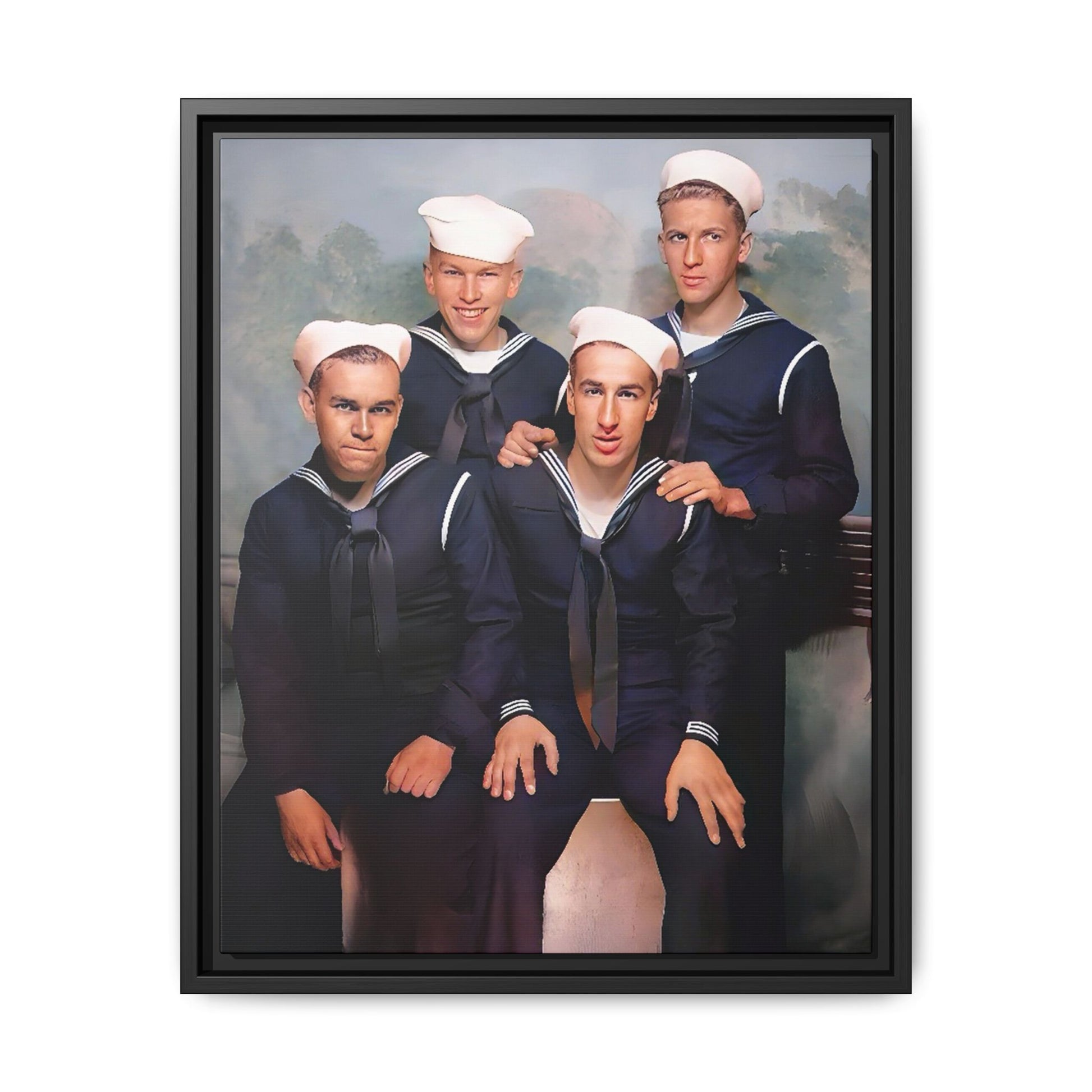 A framed vintage naval portrait on matte canvas featuring four sailors at Naval Station Great Lakes, capturing unity, service, and military pride.
