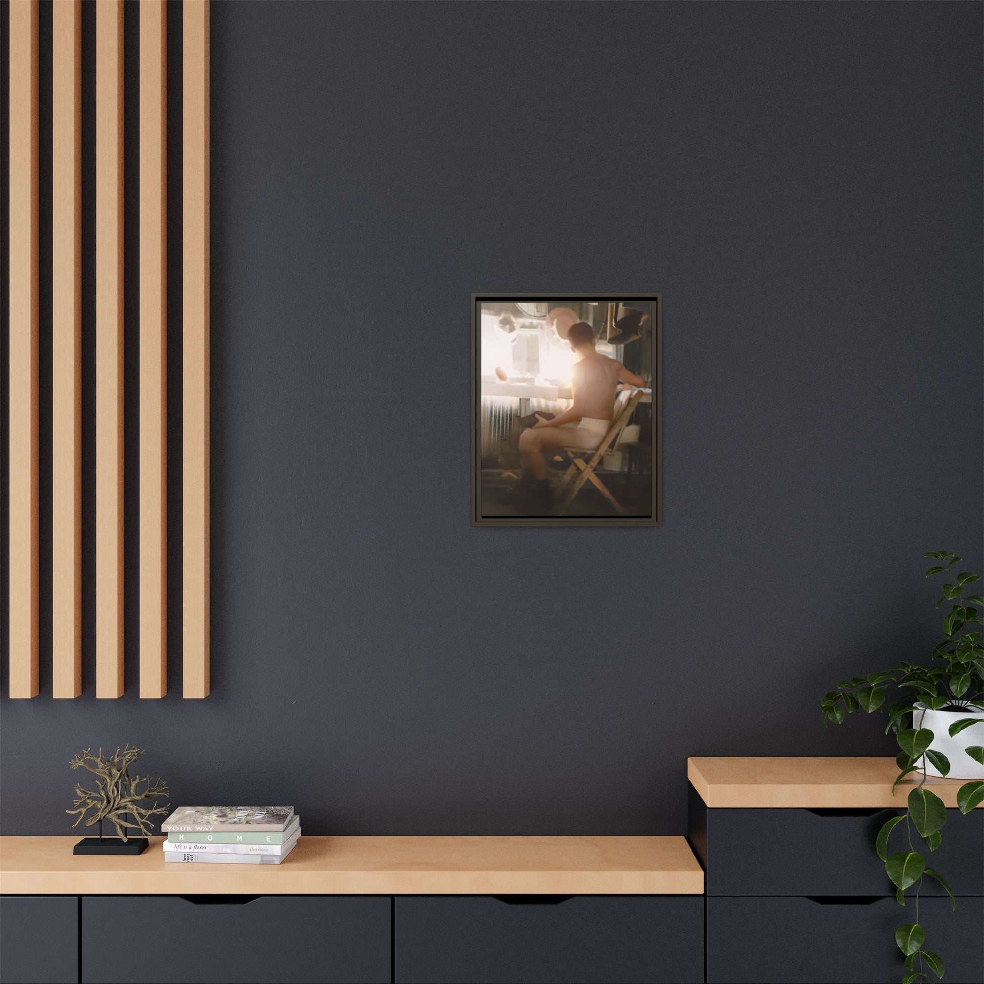 A vintage Hollywood portrait of Hugh in a backstage dressing room. This framed canvas print captures the elegance and mystique of old Hollywood, making it the perfect cinematic decor for film lovers and vintage photography collectors.