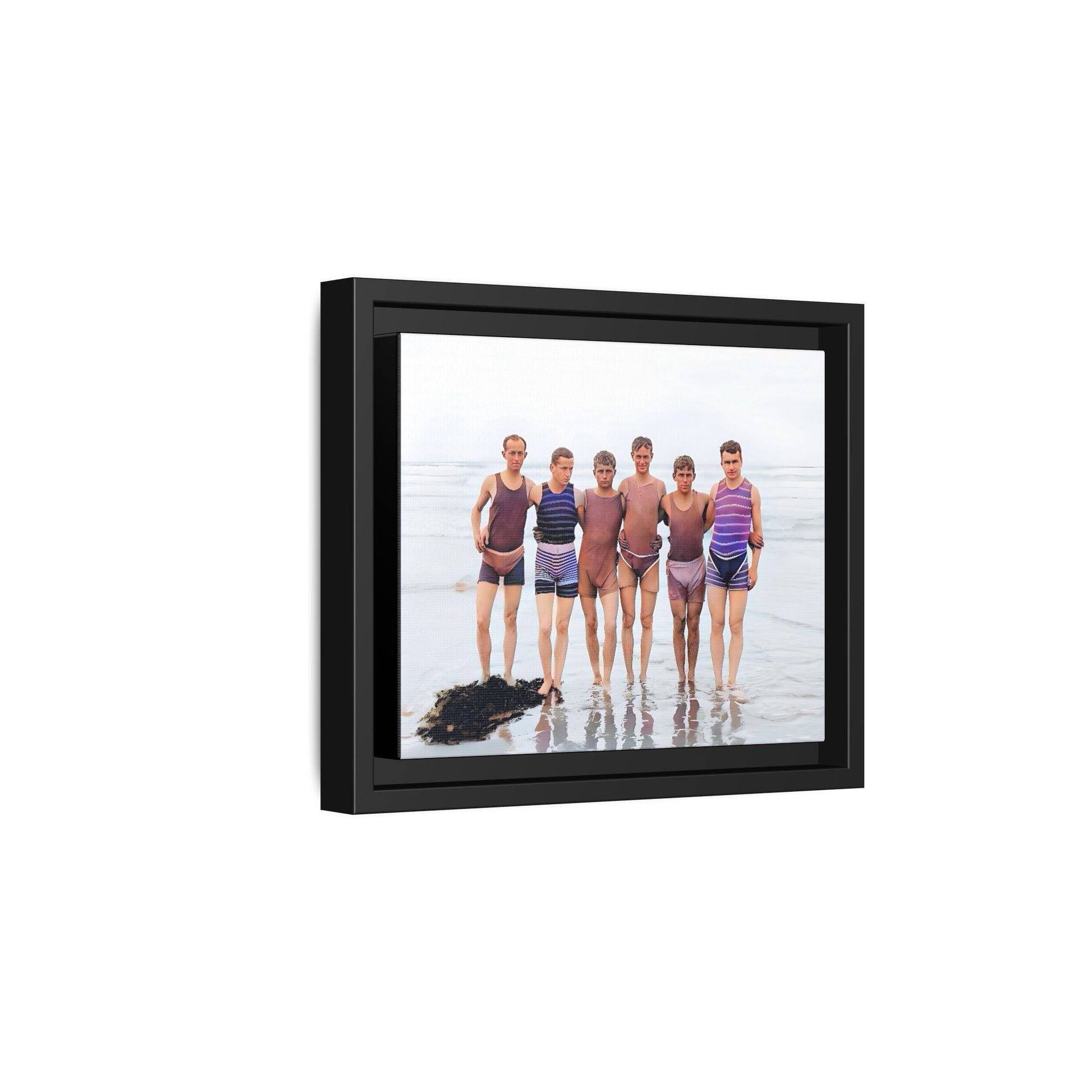 A framed vintage beach portrait on matte canvas featuring a joyful group at Herring Cove Beach, Provincetown, capturing timeless summer camaraderie.