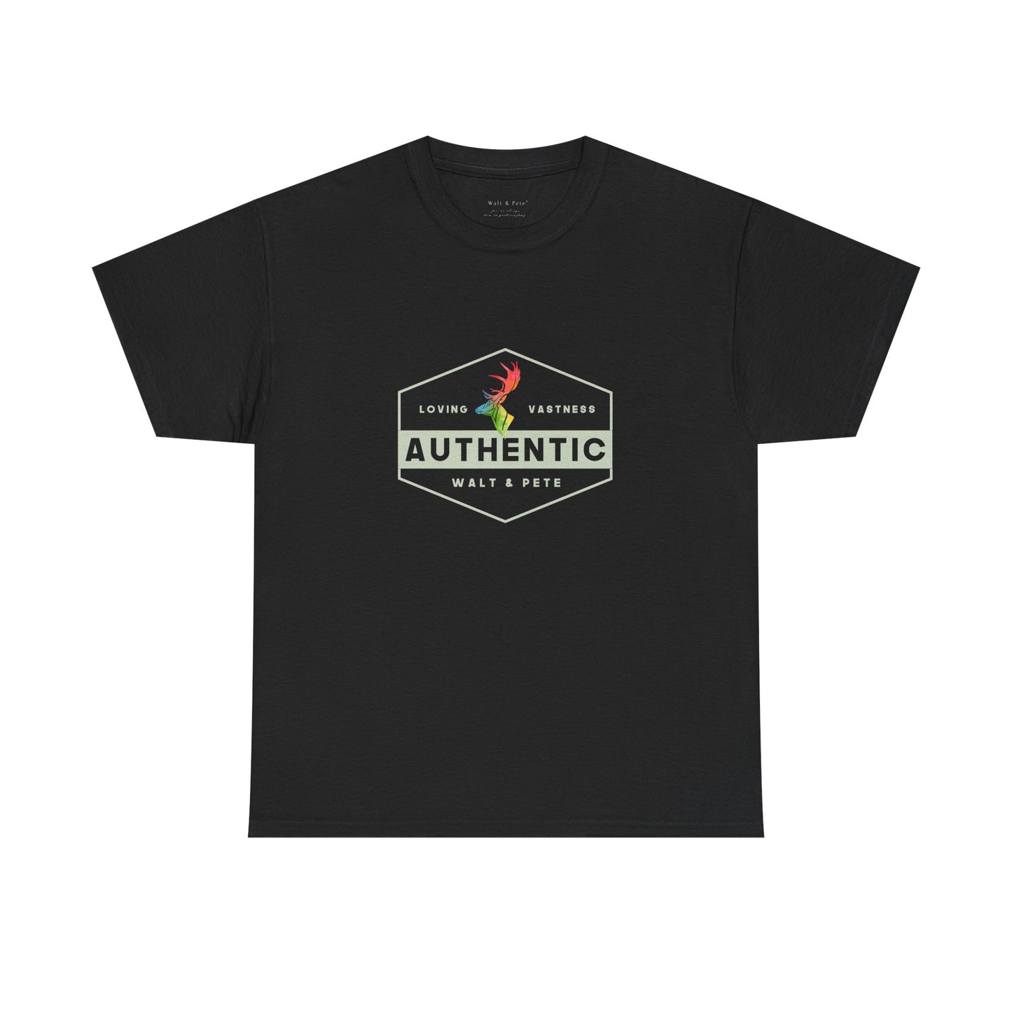 unisex LGBTQ+ t-shirt with a hexagonal badge design reading “Authentic” and “Loving & Vastness,” featuring a rainbow antler—symbolizing self-love, queer pride, and emotional depth.