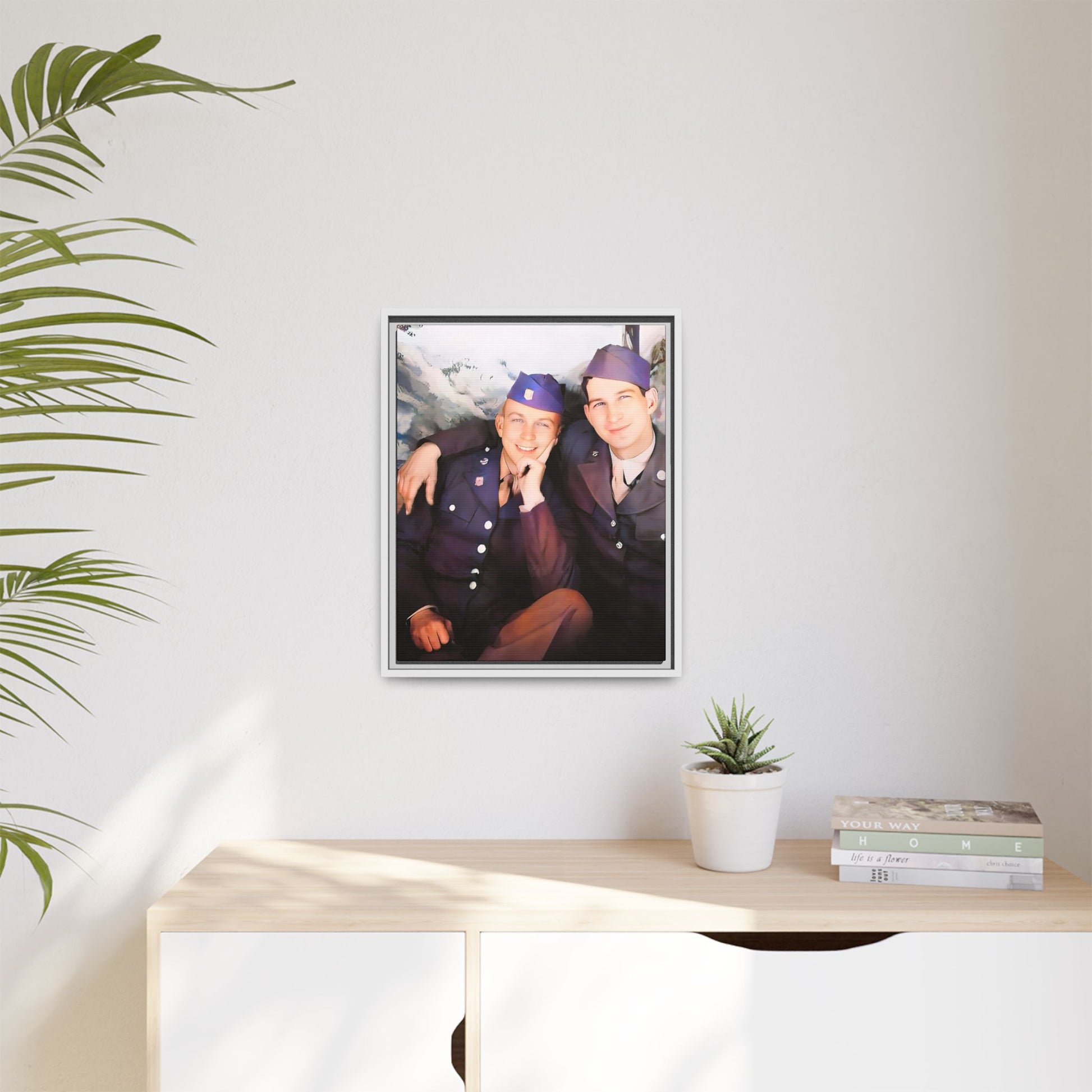 A restored vintage portrait of Willie & Louis at Metro-North Railroad in Harlem, New York. This framed matte canvas celebrates LGBTQ+ history, African American heritage, and timeless love. Gay Couple Love