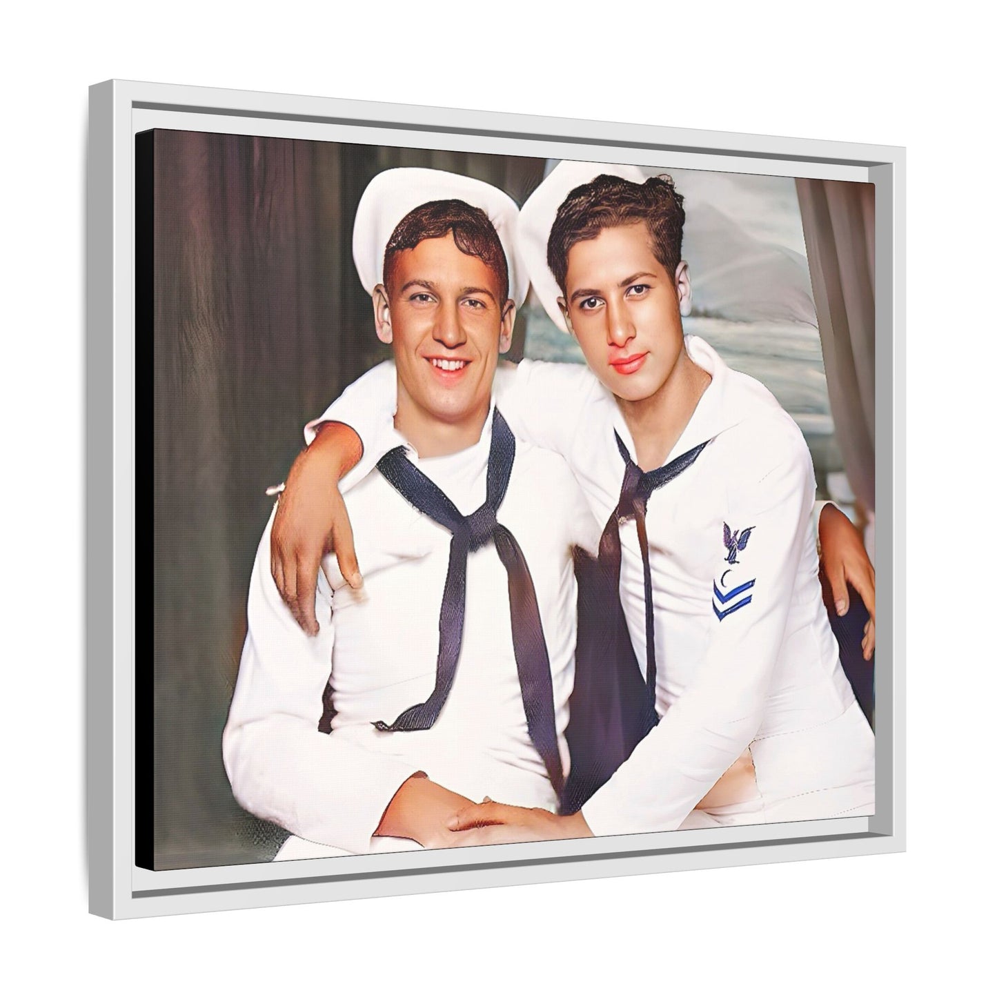 A restored vintage Navy portrait of Kenny and William at Fort Lee, Virginia. This framed matte canvas print honors military camaraderie, resilience, and LGBTQ+ history with a timeless tribute to friendship and love. Gay Couple Sailors Navy