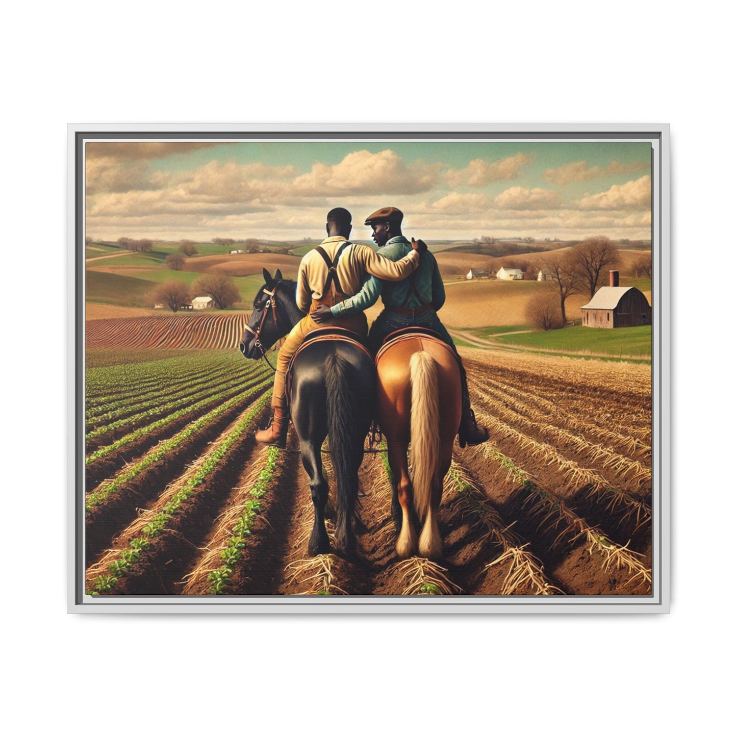 Artwork of an African-American gay couple riding horseback through expansive farmland, sharing a tender moment as they overlook lush fields. Dressed in rugged vintage attire, this scene captures resilience, love, and the charm of rural life, celebrating LGBTQ+ history and African-American heritage.