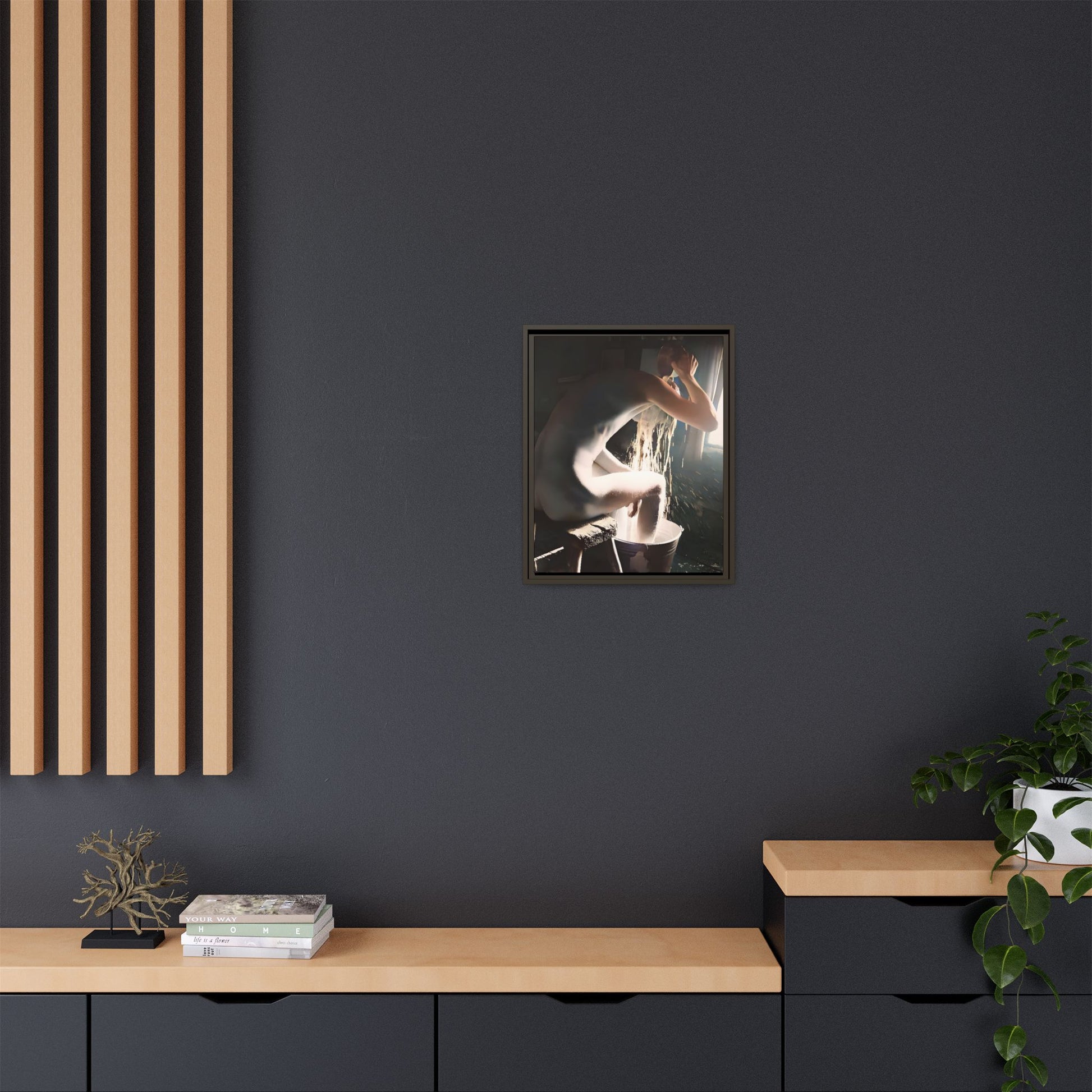 Restored early 20th-century photo of Roy during a rustic bathing ritual in Rock Springs, Wyoming, framed as wall décor celebrating simplicity and renewal.