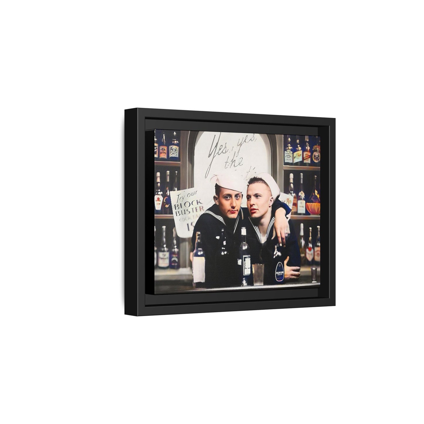 A restored vintage photo of Matt & Cory at Naval Air Station Alameda, CA. This framed matte canvas print captures camaraderie, LGBTQ+ history, and the spirit of military service, making it a unique and nostalgic keepsake for history lovers. Gay Couple Sailors