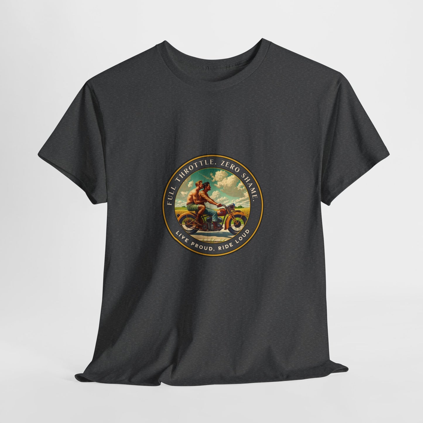 Celebrate queer Latinx pride with this bold vintage-inspired t-shirt from Walt & Pete®. Featuring two shirtless Latino men riding a motorcycle beneath the empowering text “Full Throttle. Zero Shame” and “Live Proud. Ride Loud,” this shirt honors LGBTQ+ love, freedom, and fearless self-expression.