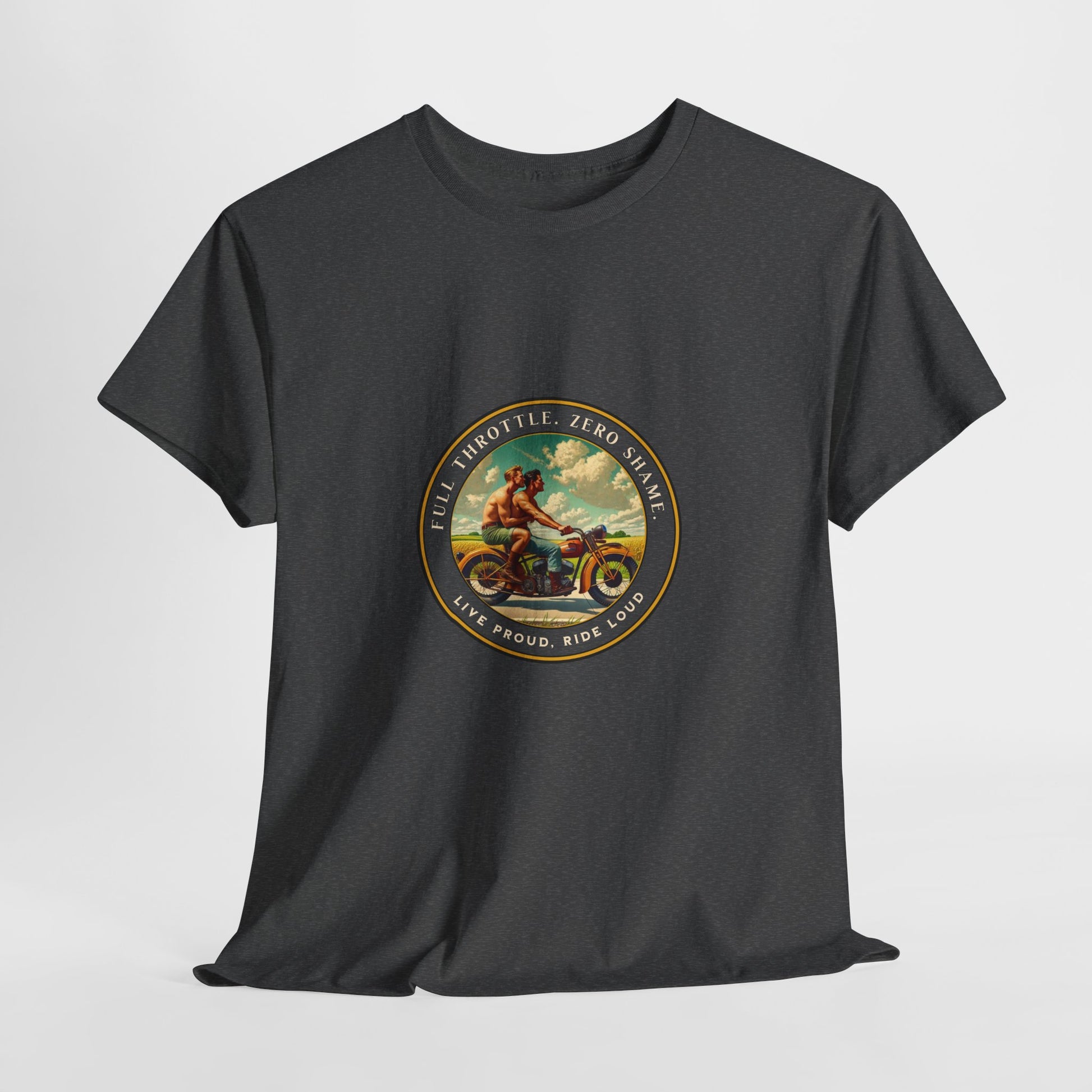 Celebrate queer Latinx pride with this bold vintage-inspired t-shirt from Walt & Pete®. Featuring two shirtless Latino men riding a motorcycle beneath the empowering text “Full Throttle. Zero Shame” and “Live Proud. Ride Loud,” this shirt honors LGBTQ+ love, freedom, and fearless self-expression.